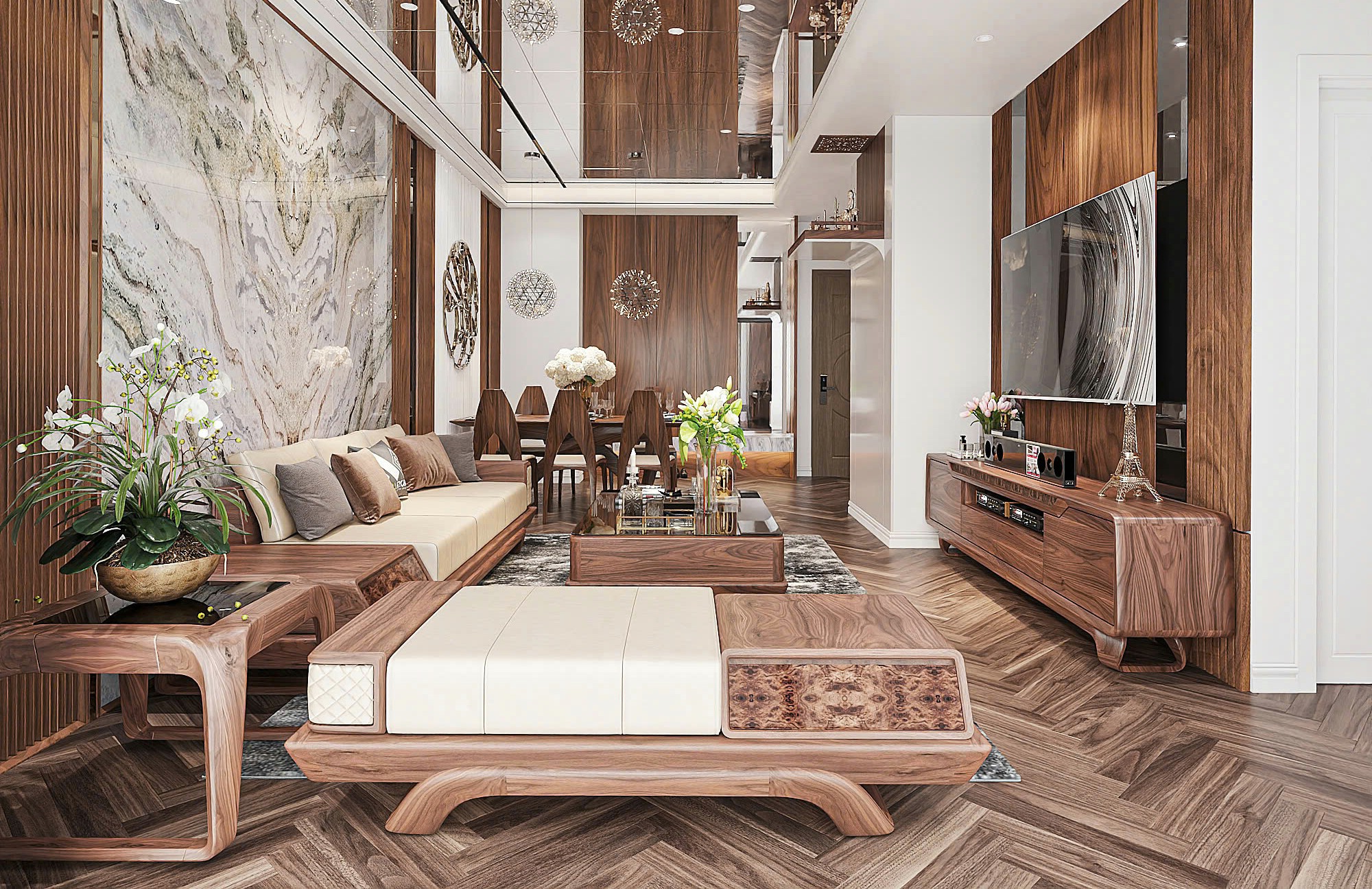 Thiết kế phòng khách gỗ óc chó hiện đại với trần gương, sofa và kệ tivi chân quỳ