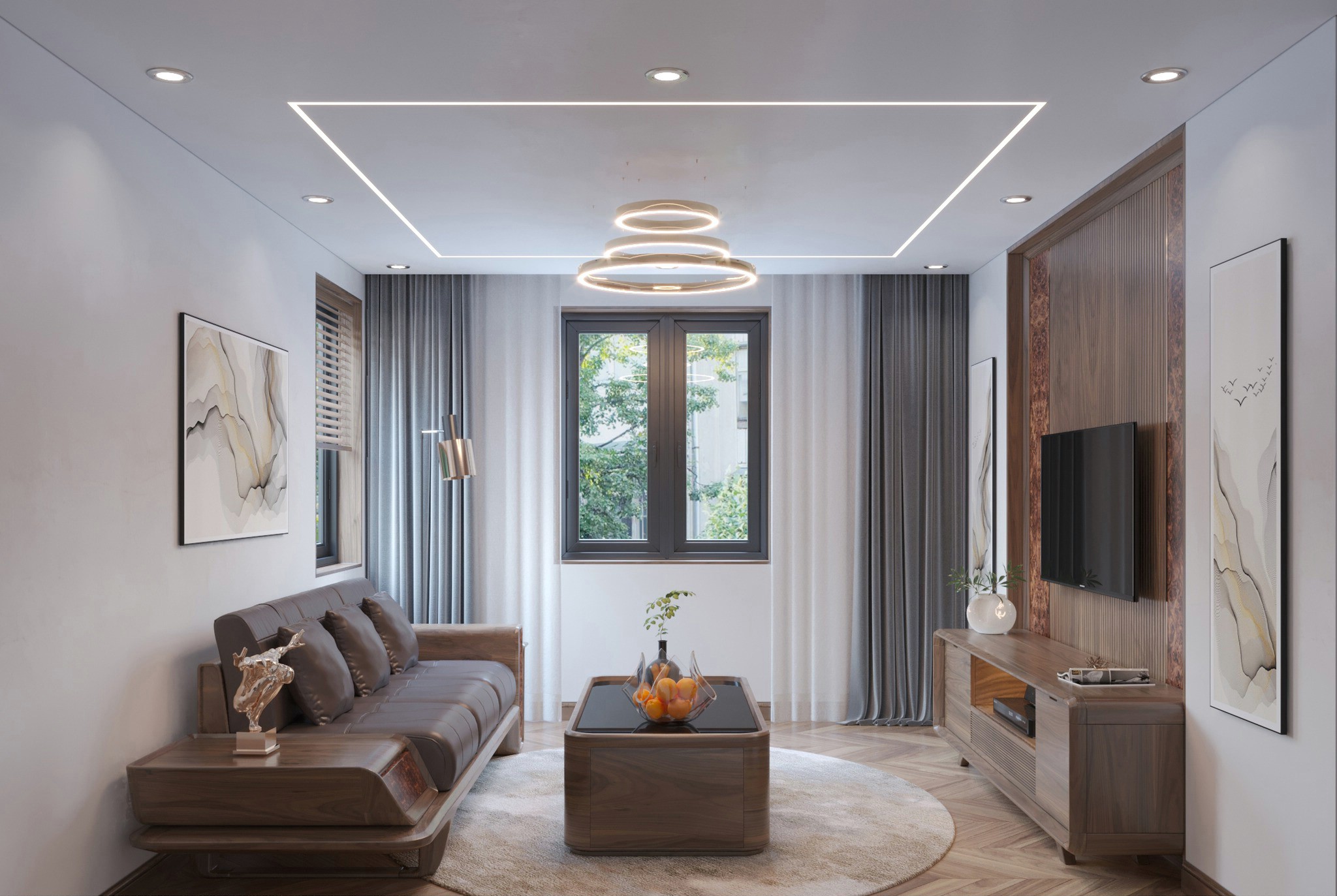 Thiết kế phòng khách hẹp với sofa văng 3 chỗ và kệ tivi gỗ óc chó