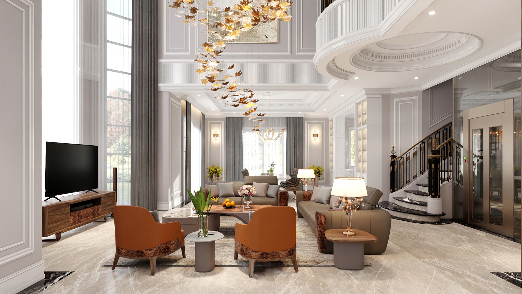 Mẫu thiết kế phòng khách hiện đại sang trọng với kệ tivi gỗ, sofa da xám và đèn chùm lá phong nghệ thuật Thiết kế phòng khách hiện đại sang trọng với sofa gỗ da xám và ghế đơn da cam đất