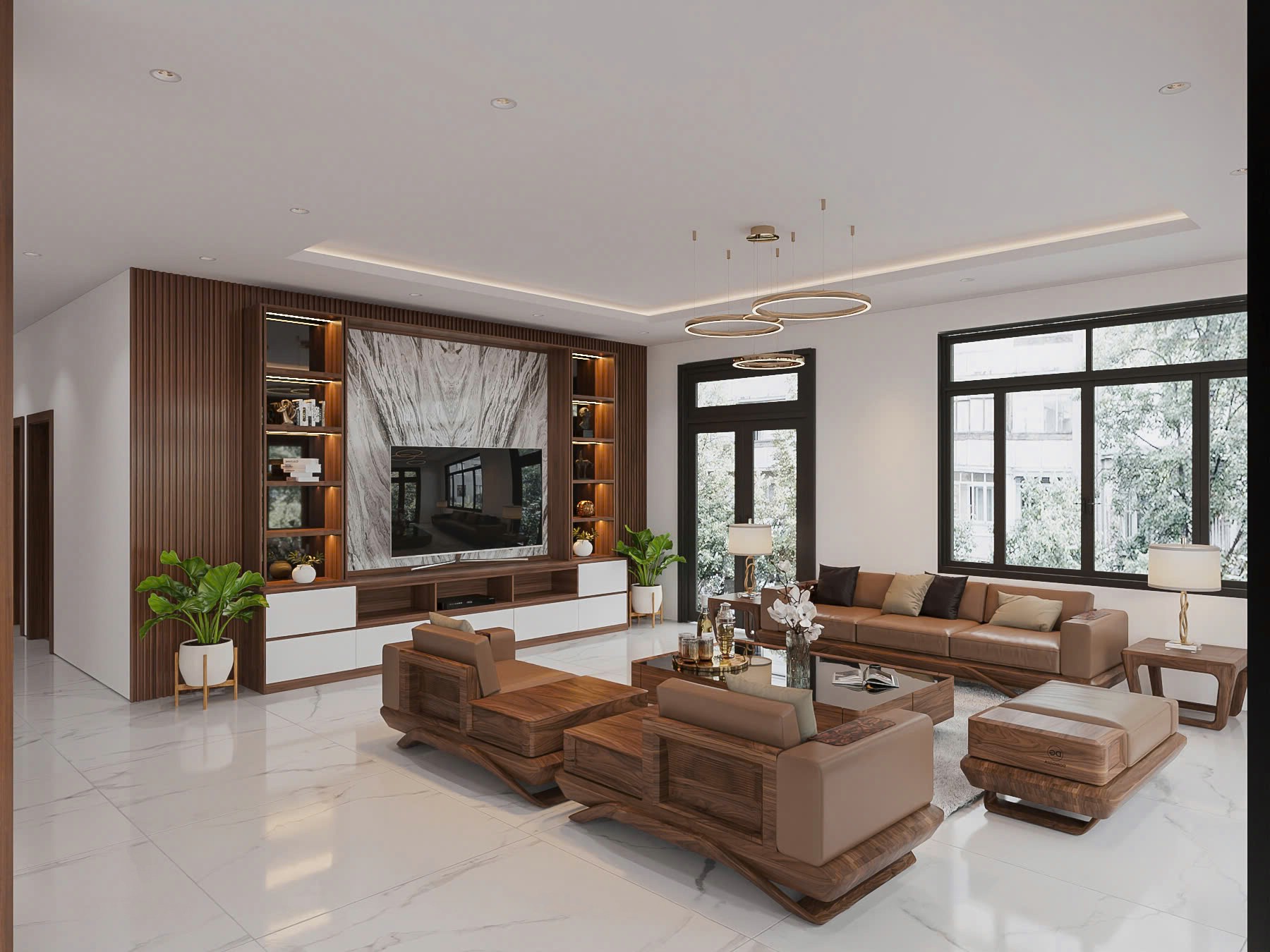 Phòng khách hiện đại nhiều cửa kính với tường lam sóng giả gỗ, mảng ốp đá marble trắng vân đen, kệ tivi 2 tầng và bộ sofa gỗ óc chó đệm da nâu sữa Phòng khách hiện đại nhiều cửa kính với tường lam sóng giả gỗ, mảng ốp đá marble trắng vân đen, kệ tivi 2 tầng và bộ sofa gỗ óc chó đệm da nâu sữa