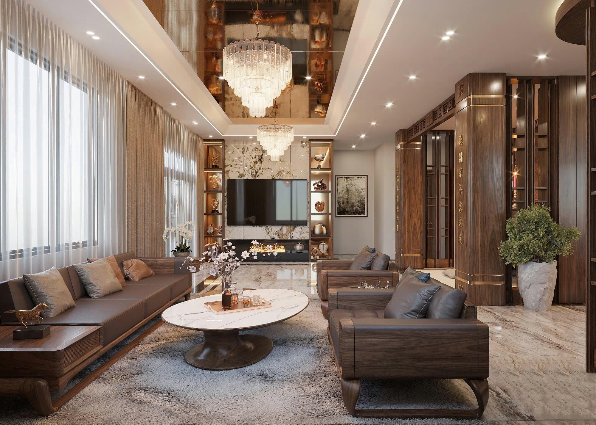 Thiết kế phòng khách kết hợp phòng thờ trang trọng