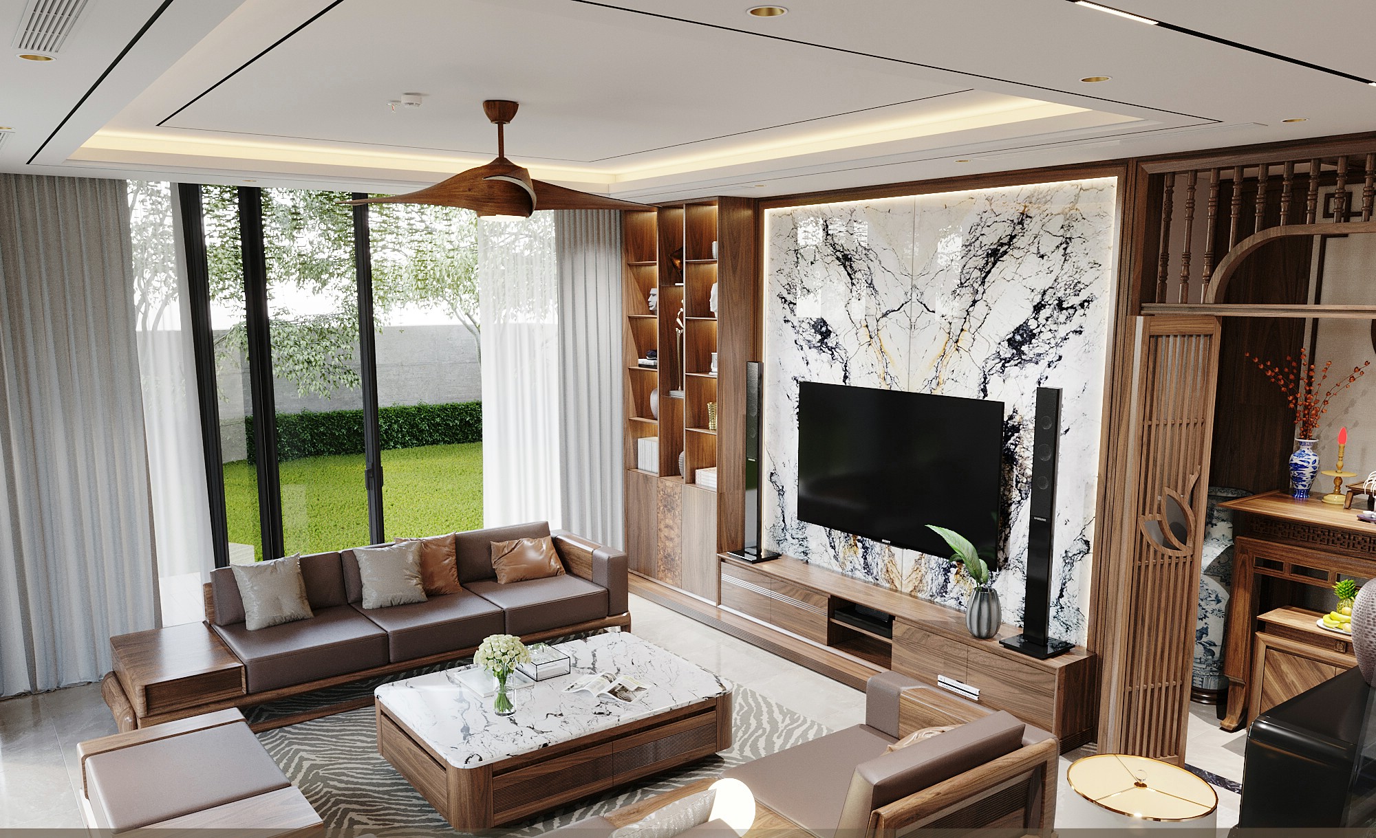 Thiết kế phòng khách không gian mở hiện đại với sofa gỗ óc chó và bàn trà mặt đá ceramic Thiết kế phòng khách không gian mở hiện đại với sofa gỗ óc chó và bàn trà mặt đá ceramic
