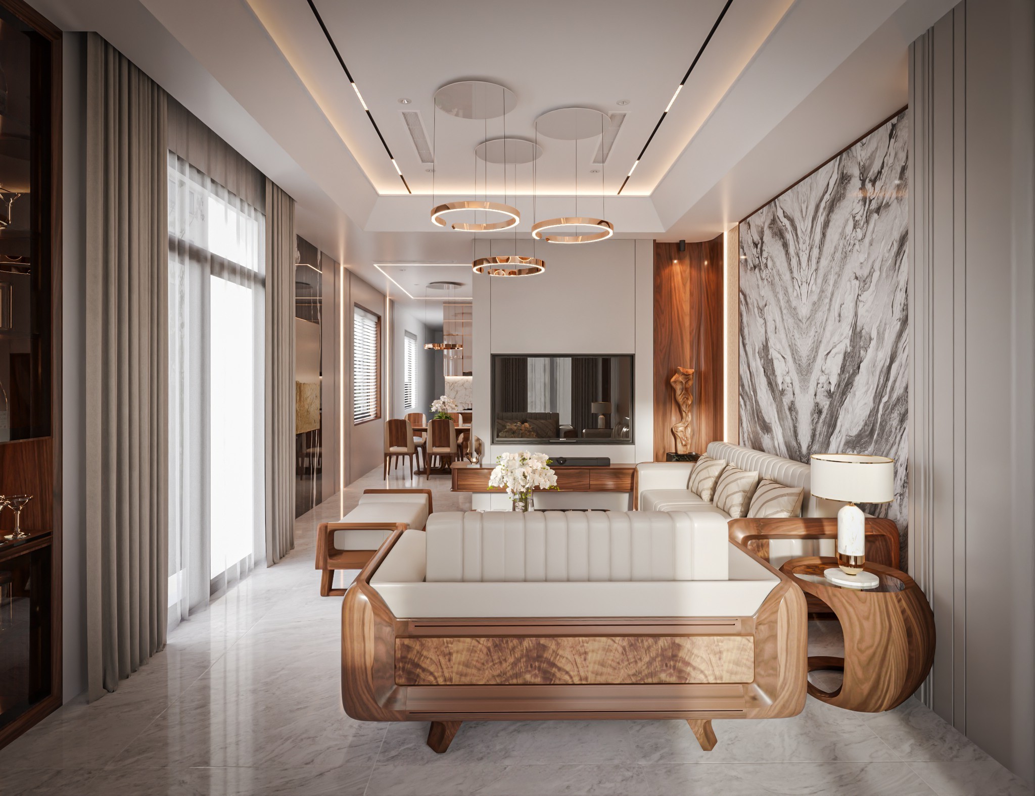 Thiết kế phòng khách ngang 5m hiện đại với bộ sofa gỗ óc chó và đèn chum vòng tròn Thiết kế phòng khách ngang 5m hiện đại với bộ sofa gỗ óc chó và đèn chum vòng tròn