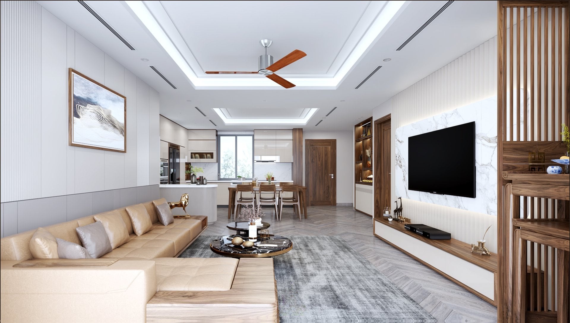 Thiết kế phòng khách nhà ống hiện đại với sofa gỗ chữ L, kệ tivi acrylic trắng và tường lam sóng Thiết kế phòng khách nhà ống hiện đại với sofa gỗ chữ L, kệ tivi acrylic trắng và tường lam sóng