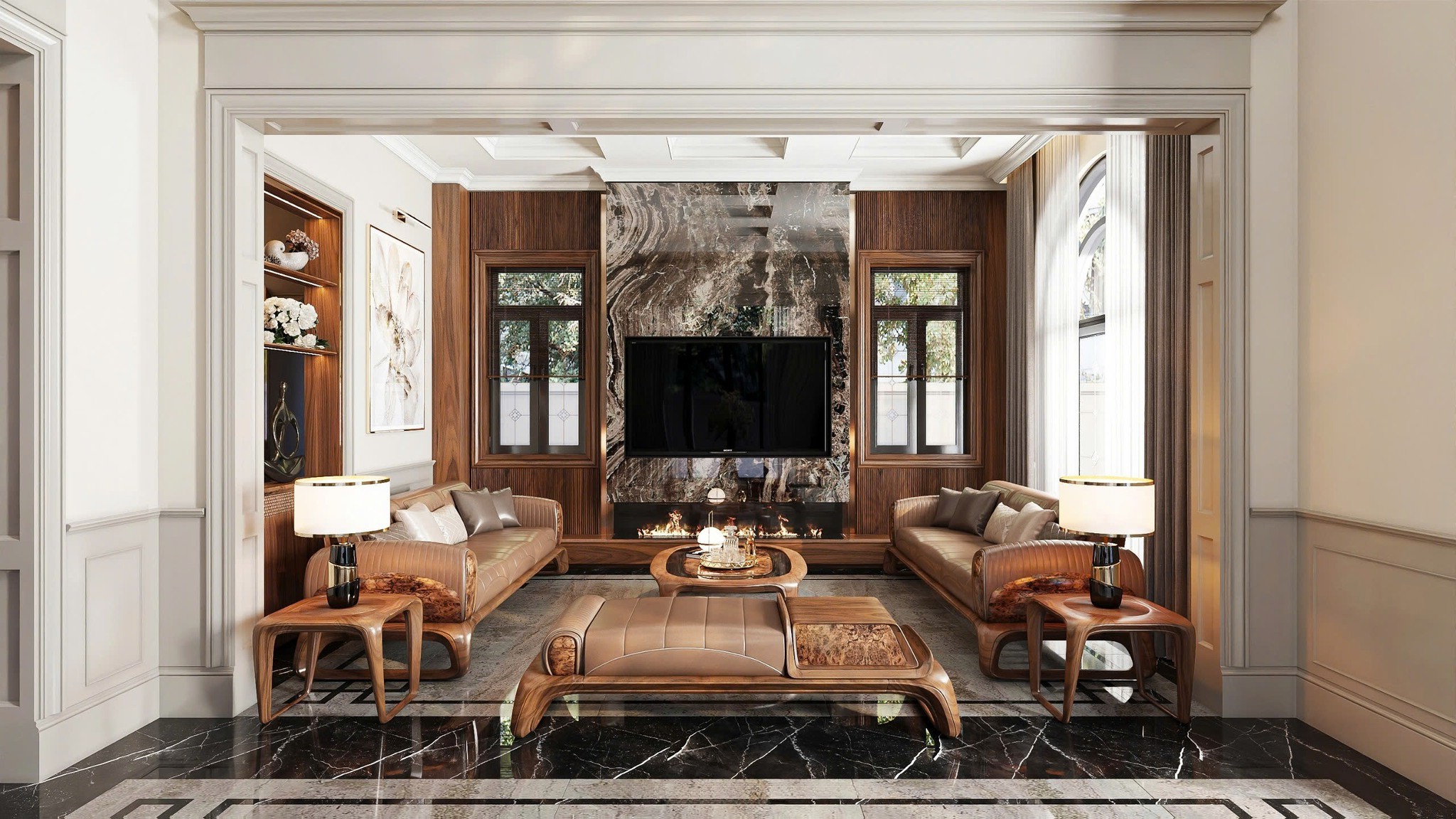 Thiết kế phòng khách nhỏ đẹp với sofa gỗ và kệ tivi tích hợp lò sưởi điện hiện đại Thiết kế phòng khách nhỏ đẹp với sofa gỗ và kệ tivi tích hợp lò sưởi điện hiện đại