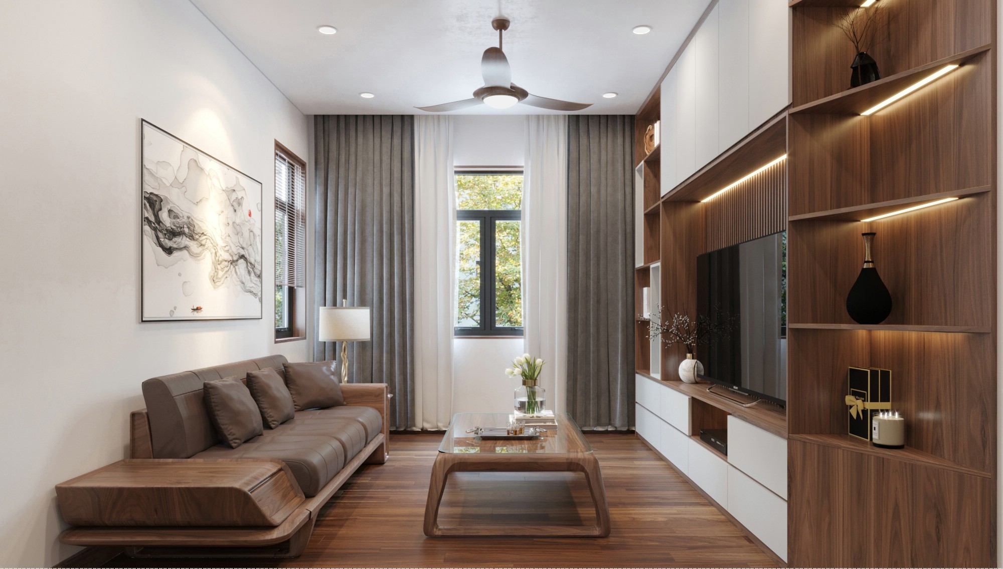 Thiết kế phòng khách nhỏ gọn đẹp với sofa văng, bàn trà kính và kệ tivi acrylic trắng Thiết kế phòng khách nhỏ gọn đẹp với sofa văng, bàn trà kính và kệ tivi acrylic trắng