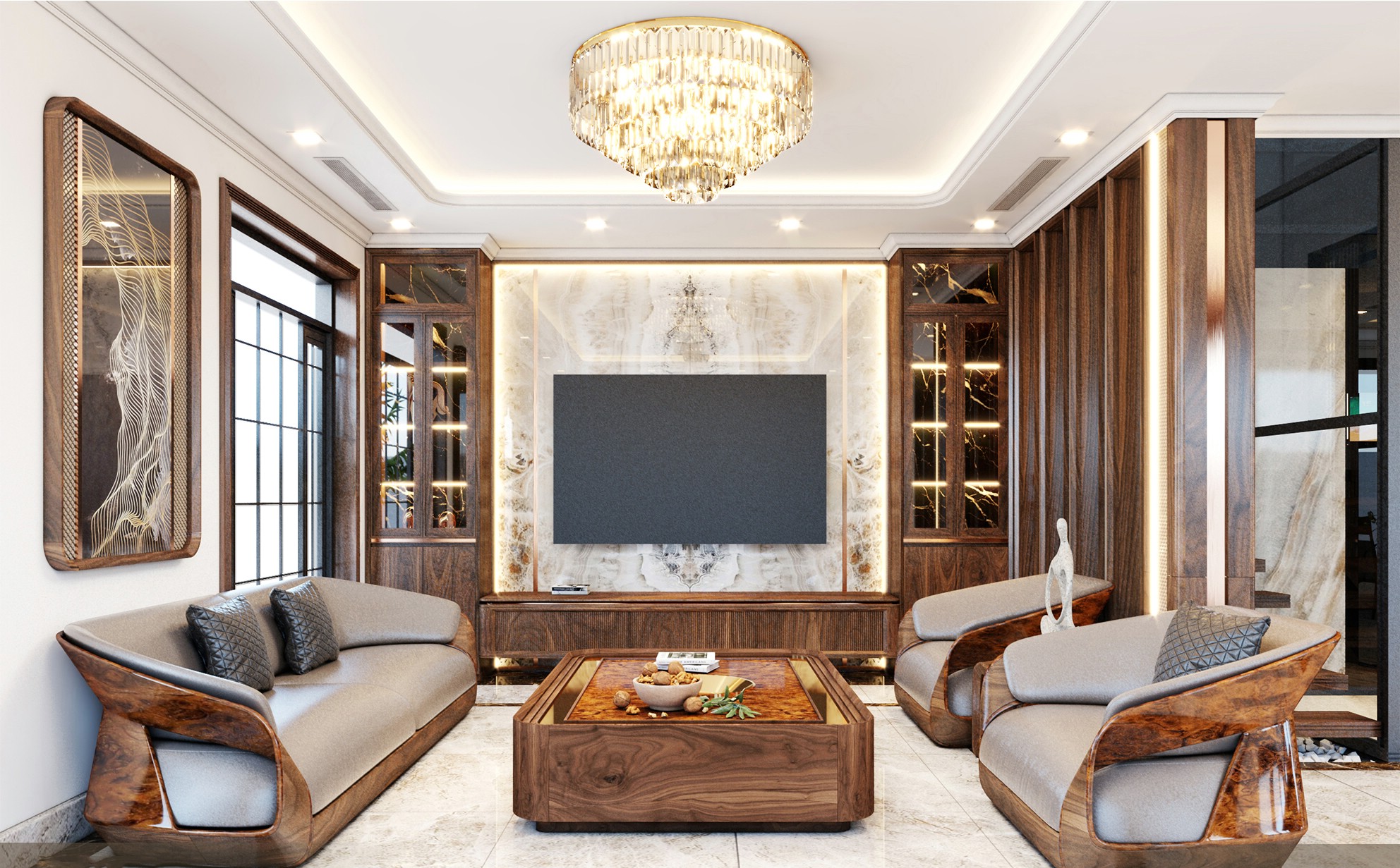 Thiết kế phòng khách nhỏ hẹp với sofa văng 3 chỗ, ghế đơn và kệ tivi treo tường Thiết kế phòng khách nhỏ hẹp với sofa văng 3 chỗ, ghế đơn và kệ tivi treo tường