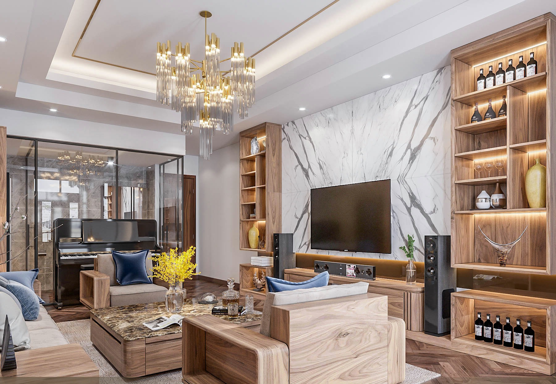 Thiết kế phòng khách nội thất gỗ với bàn trà mặt đá vàng loang đen và sofa gỗ tự nhiên Thiết kế phòng khách nội thất gỗ với bàn trà mặt đá vàng loang đen và sofa gỗ tự nhiên