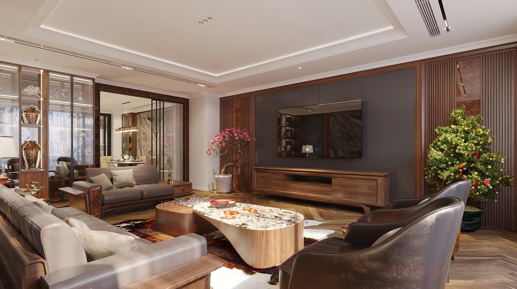 Thiết kế phòng khách rộng hiện đại với sofa da nâu sữa và tường ốp lam sóng gỗ