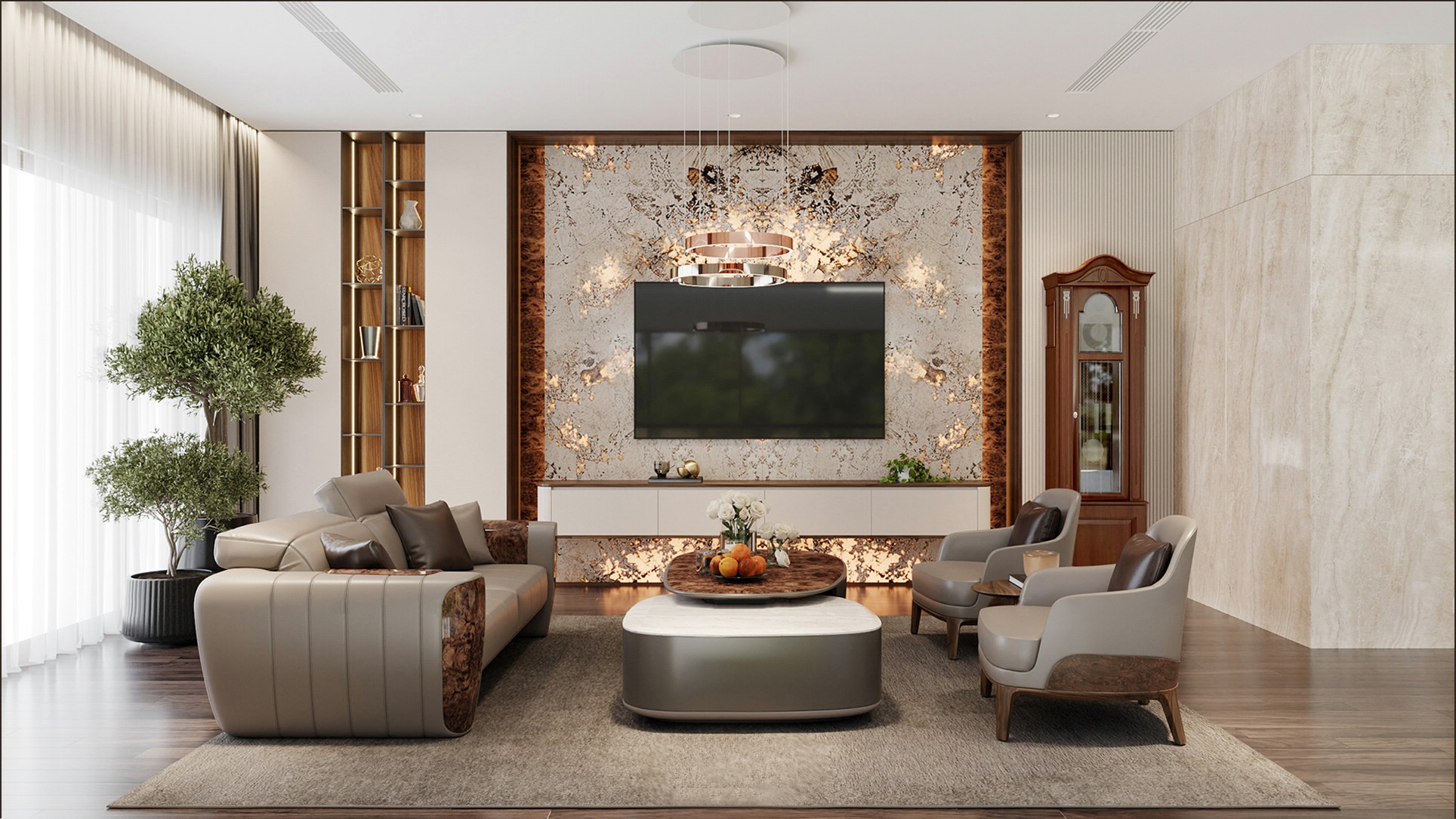 Phòng khách sang trọng hiện đại với bàn trà veneer nu – đá trắng và kệ tivi treo acrylic trắng Thiết kế phòng khách sang trọng hiện đại với tường Onyx xuyên sáng và sofa da màu ghi