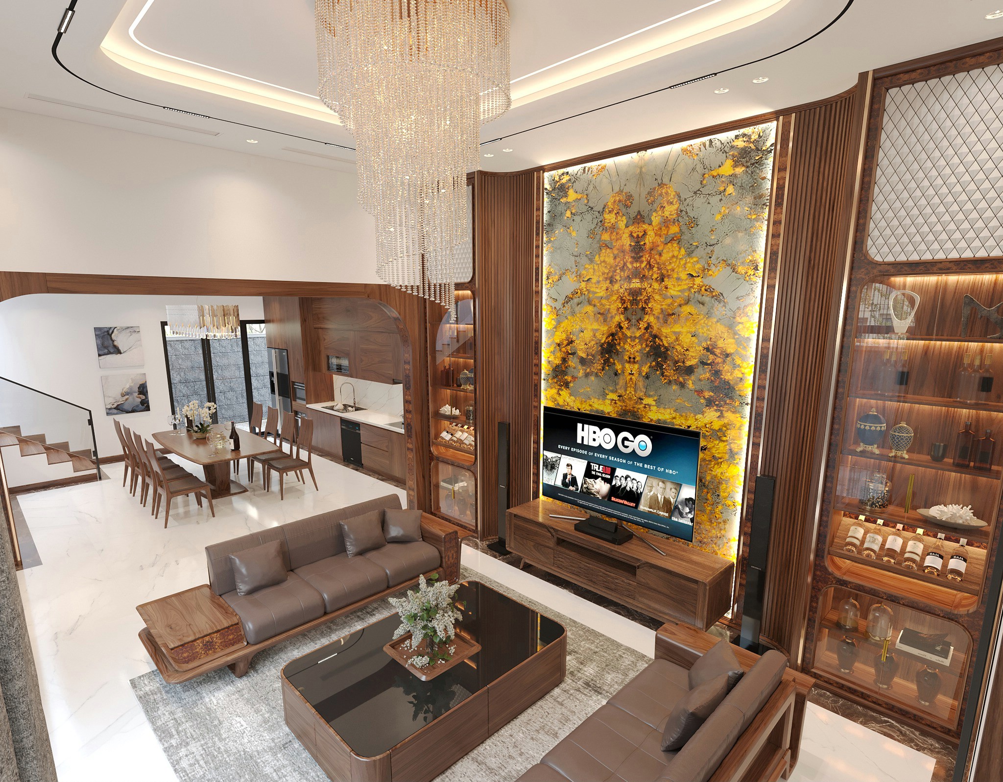 Thiết kế phòng khách và bếp nhà ống thông sàn với sofa đối xứng và kệ tivi gỗ