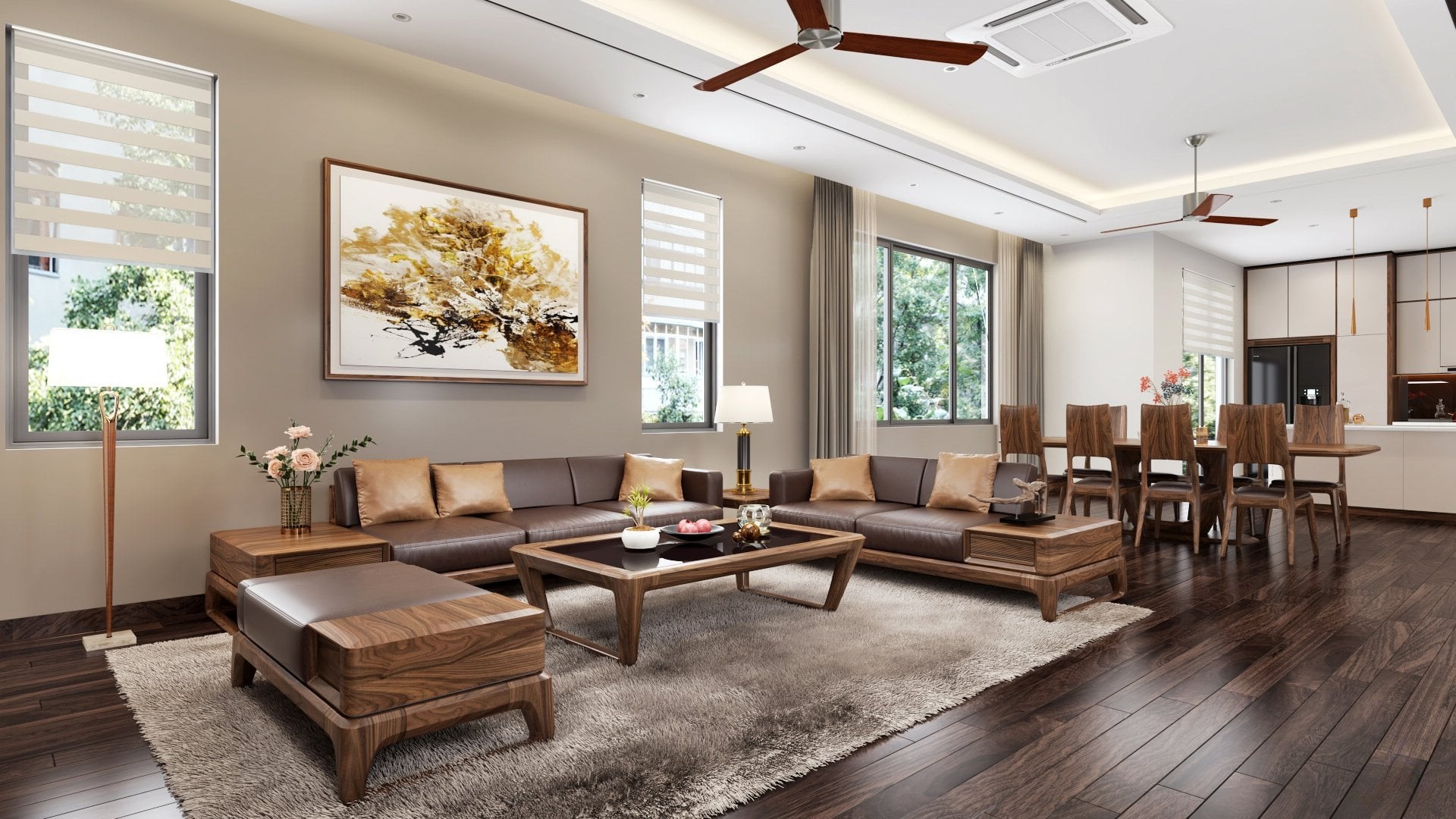 Thiết kế phòng khách và bếp liên thông với nội thất gỗ óc chó tự nhiên Thiết kế phòng khách và bếp liên thông với nội thất gỗ óc chó tự nhiên