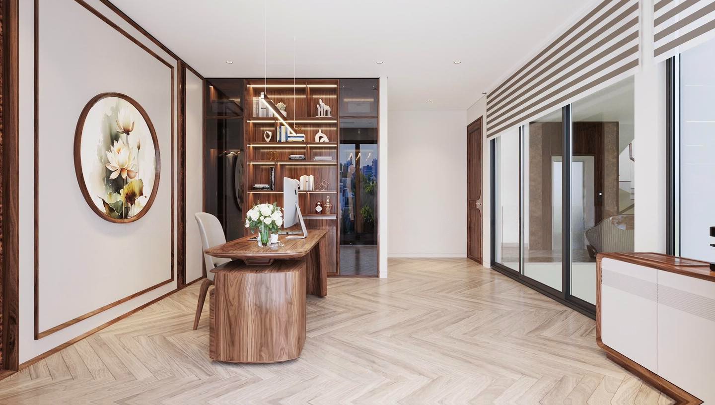 Thiết kế phòng làm việc ở công ty với bàn gỗ hình bầu dục, sàn nhựa giả gỗ xương cá và tường ốp viền gỗ hình vuông