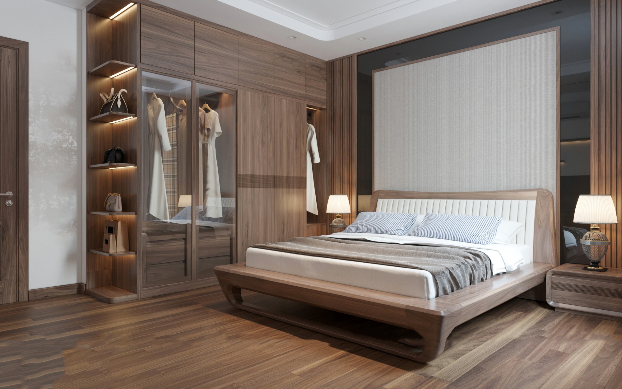 Thiết kế phòng ngủ ấm cúng với giường gỗ dáng thấp, tường ốp sợi than tre và tủ kính hiện đại Thiết kế phòng ngủ ấm cúng với giường gỗ dáng thấp, tường ốp sợi than tre và tủ kính hiện đại