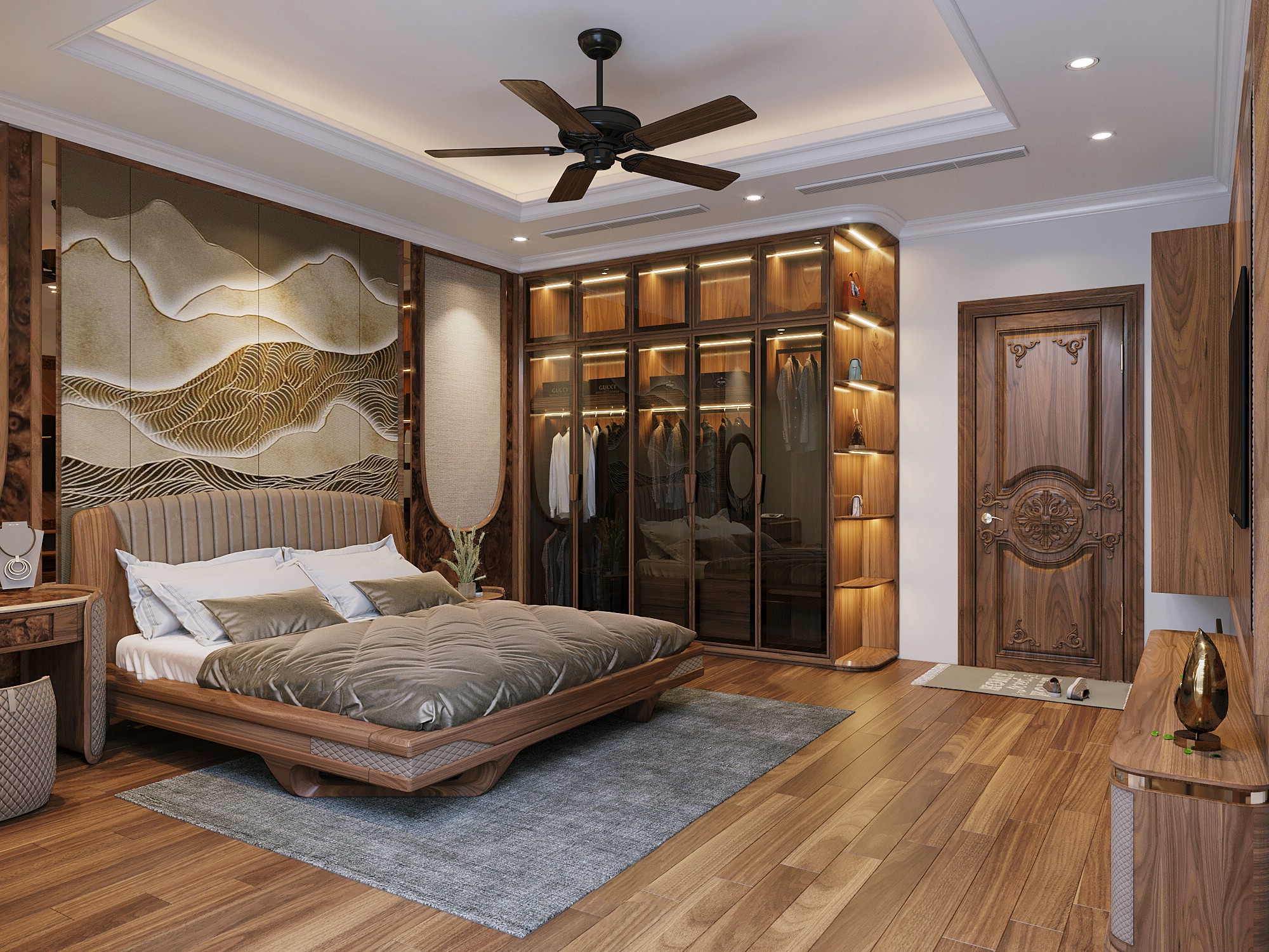 Thiết kế phòng ngủ bằng gỗ tự nhiên và MDF sang trọng với tủ kính và giường ốp nệm da Thiết kế phòng ngủ bằng gỗ tự nhiên và MDF sang trọng với tủ kính và giường ốp nệm da