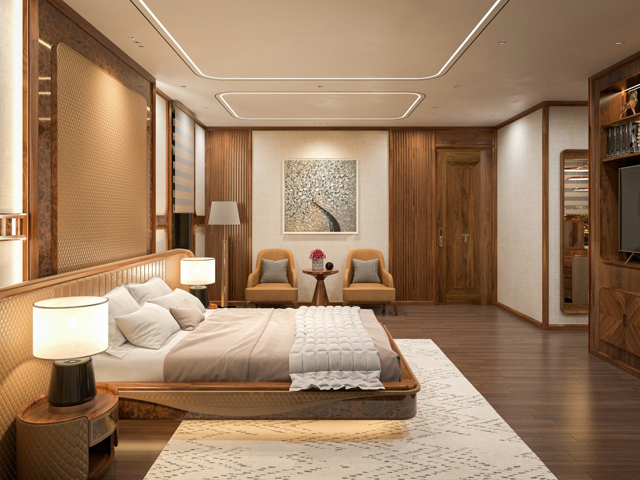 Thiết kế phòng ngủ biệt thự với giường bệt gỗ veneer nu và tường ốp da quả trám sang trọng Thiết kế phòng ngủ biệt thự với giường bệt gỗ veneer nu và tường ốp da quả trám sang trọng