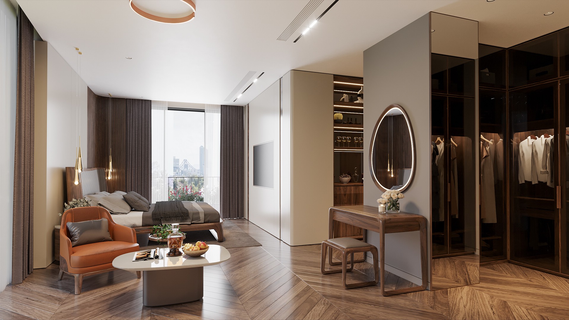 Mẫu phòng ngủ bố mẹ hiện đại với giường óc chó và tủ áo chữ U