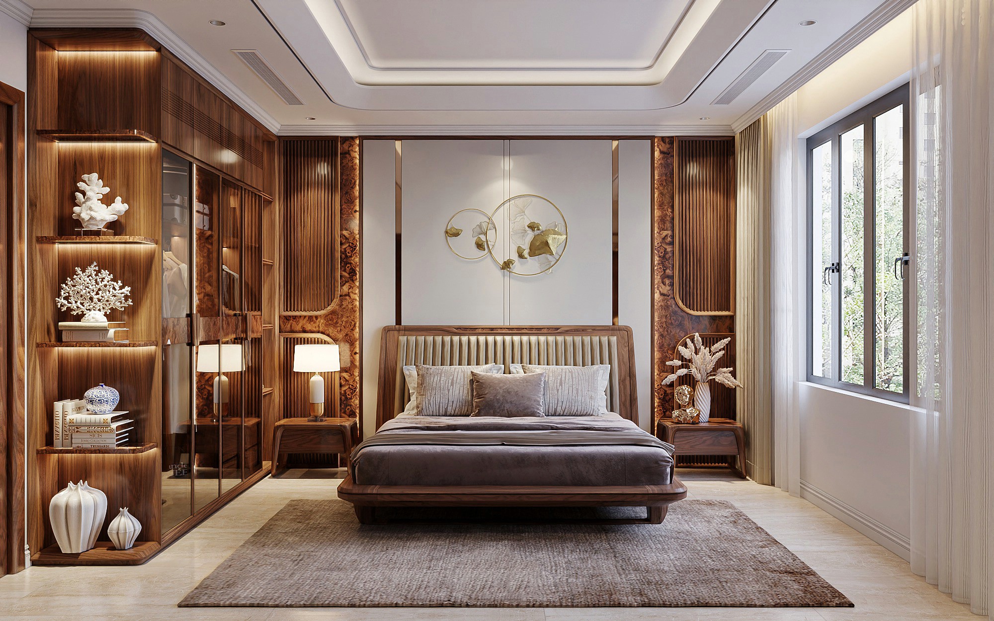 Thiết kế phòng ngủ cho nữ sang trọng với giường bọc vải nhung nâu be, tường ốp acrylic trắng và lam sóng veneer nu