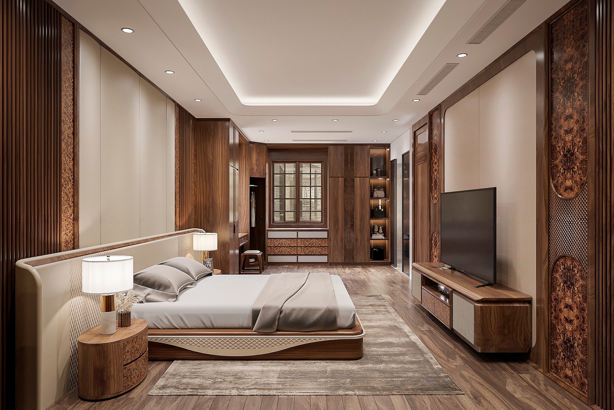 Thiết kế phòng ngủ cho vợ chồng với giường bọc da và kệ tivi veneer nu hiện đại Thiết kế phòng ngủ cho vợ chồng với giường bọc da và kệ tivi veneer nu hiện đại