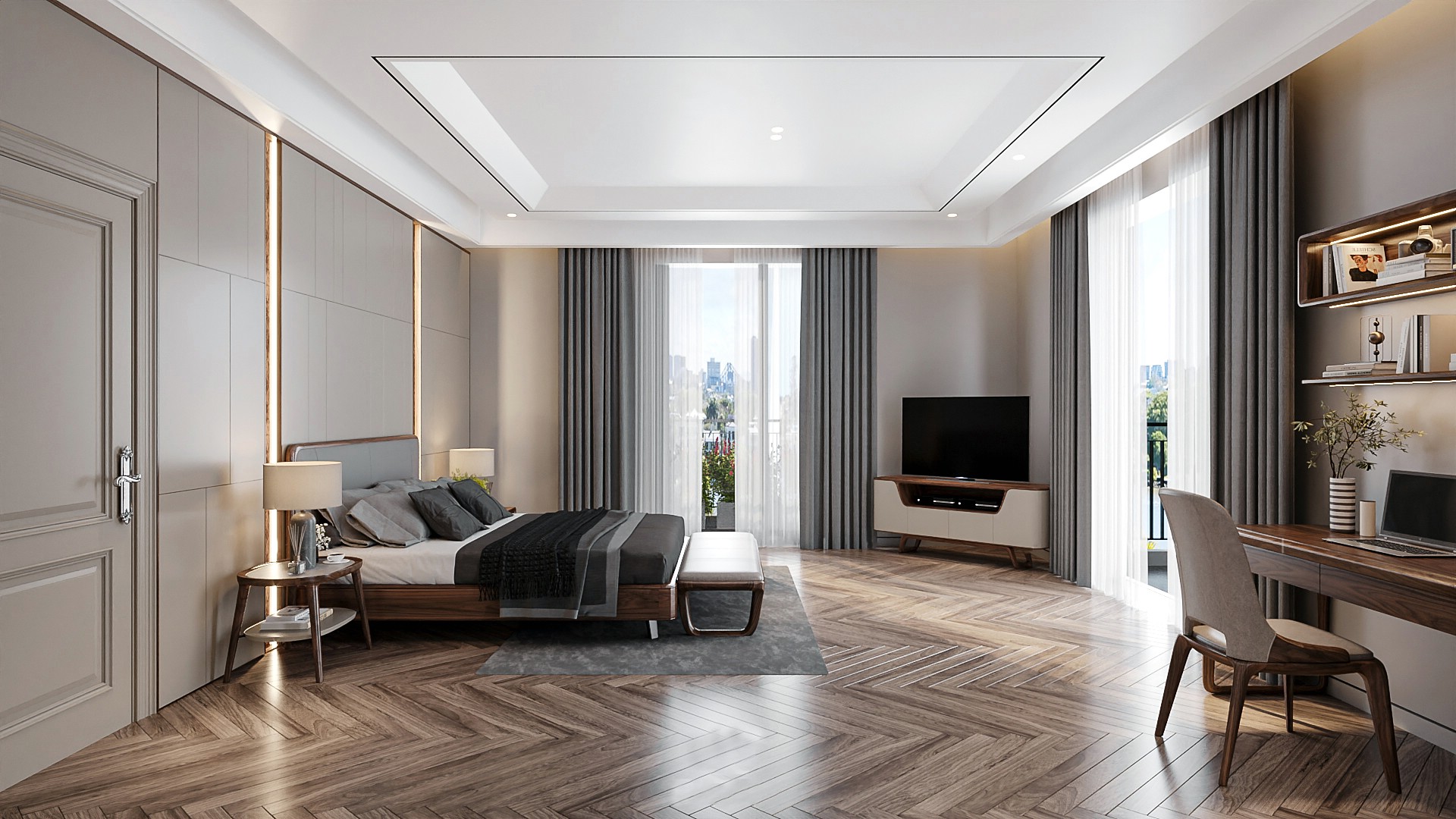 Thiết kế phòng ngủ chung cư hiện đại với giường hộp chân kim loại và kệ tivi acrylic trắng Thiết kế phòng ngủ chung cư hiện đại với giường hộp chân kim loại và kệ tivi acrylic trắng