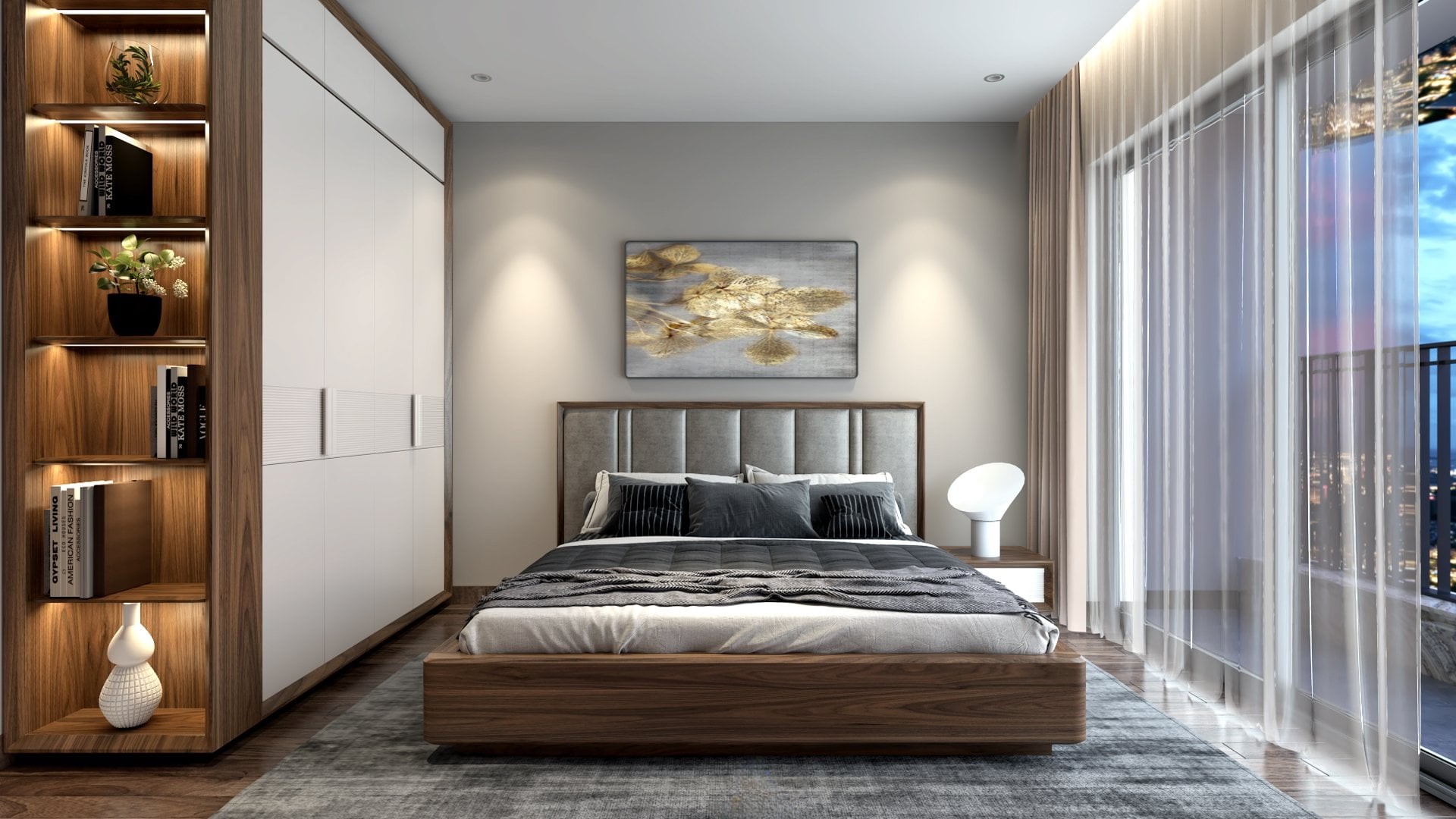 Thiết kế phòng ngủ chung cư nhỏ gọn hiện đại với giường hộp và tủ quần áo acrylic trắng Thiết kế phòng ngủ chung cư nhỏ gọn hiện đại với giường hộp và tủ quần áo acrylic trắng