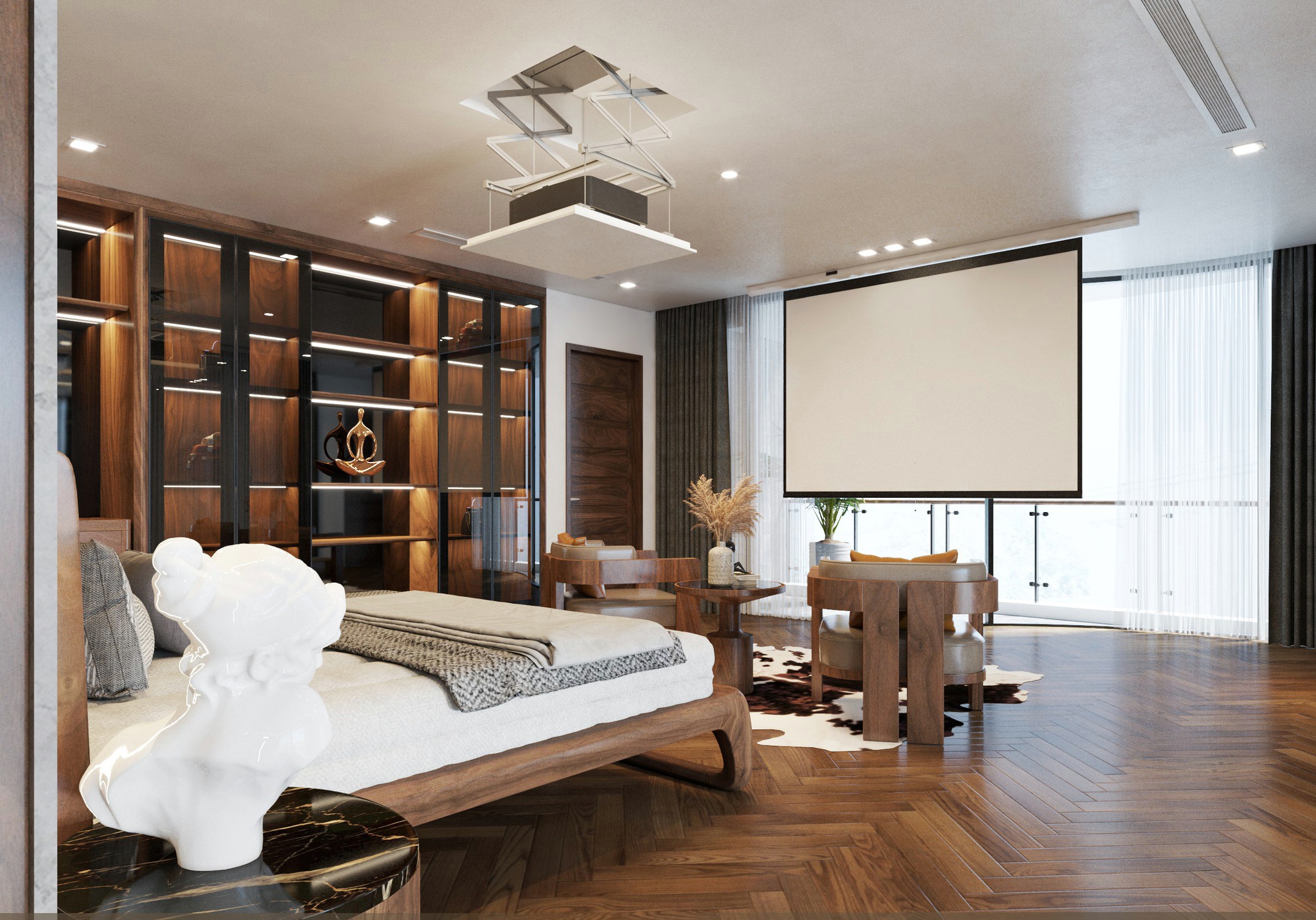Thiết kế phòng ngủ có cửa sổ lớn với nội thất gỗ óc chó và tủ kính trưng bày túi xách sang trọng Thiết kế phòng ngủ có cửa sổ lớn với nội thất gỗ óc chó và tủ kính trưng bày túi xách sang trọng