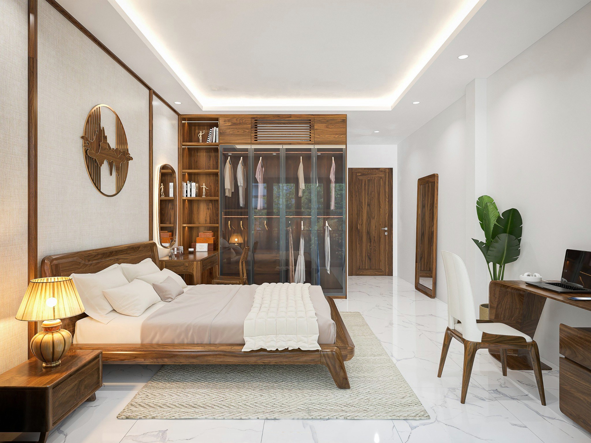 Thiết kế phòng ngủ đẹp cho nữ đơn giản với giường gỗ cong nhẹ và tủ quần áo kính cường lực Thiết kế phòng ngủ đẹp cho nữ đơn giản với giường gỗ cong nhẹ và tủ quần áo kính cường lực