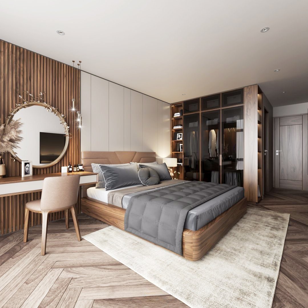 Thiết kế phòng ngủ đẹp cho nữ với giường gỗ sồi và tủ quần áo kính hiện đại Thiết kế phòng ngủ đẹp cho nữ với giường gỗ sồi và tủ quần áo kính hiện đại