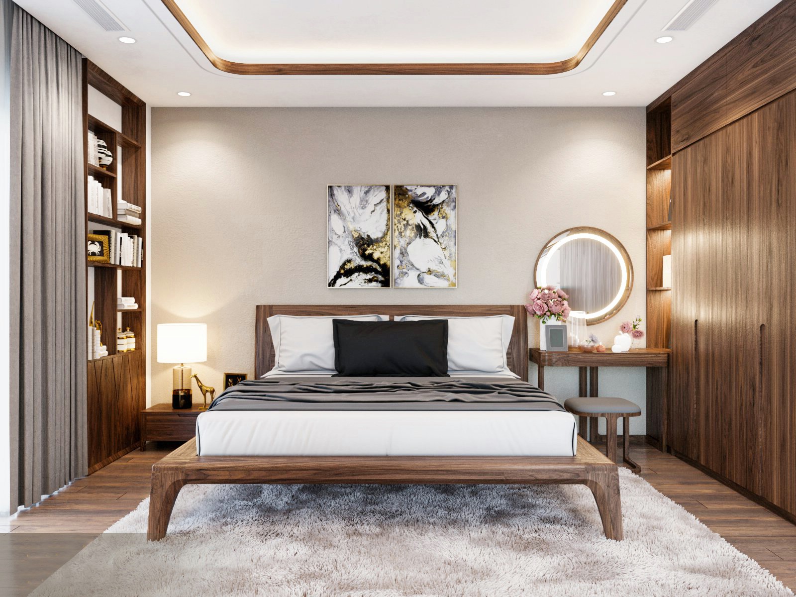 Thiết kế phòng ngủ đẹp nhỏ với giường gỗ dáng thấp và tủ quần áo chữ I Thiết kế phòng ngủ đẹp nhỏ với giường gỗ dáng thấp và tủ quần áo chữ I