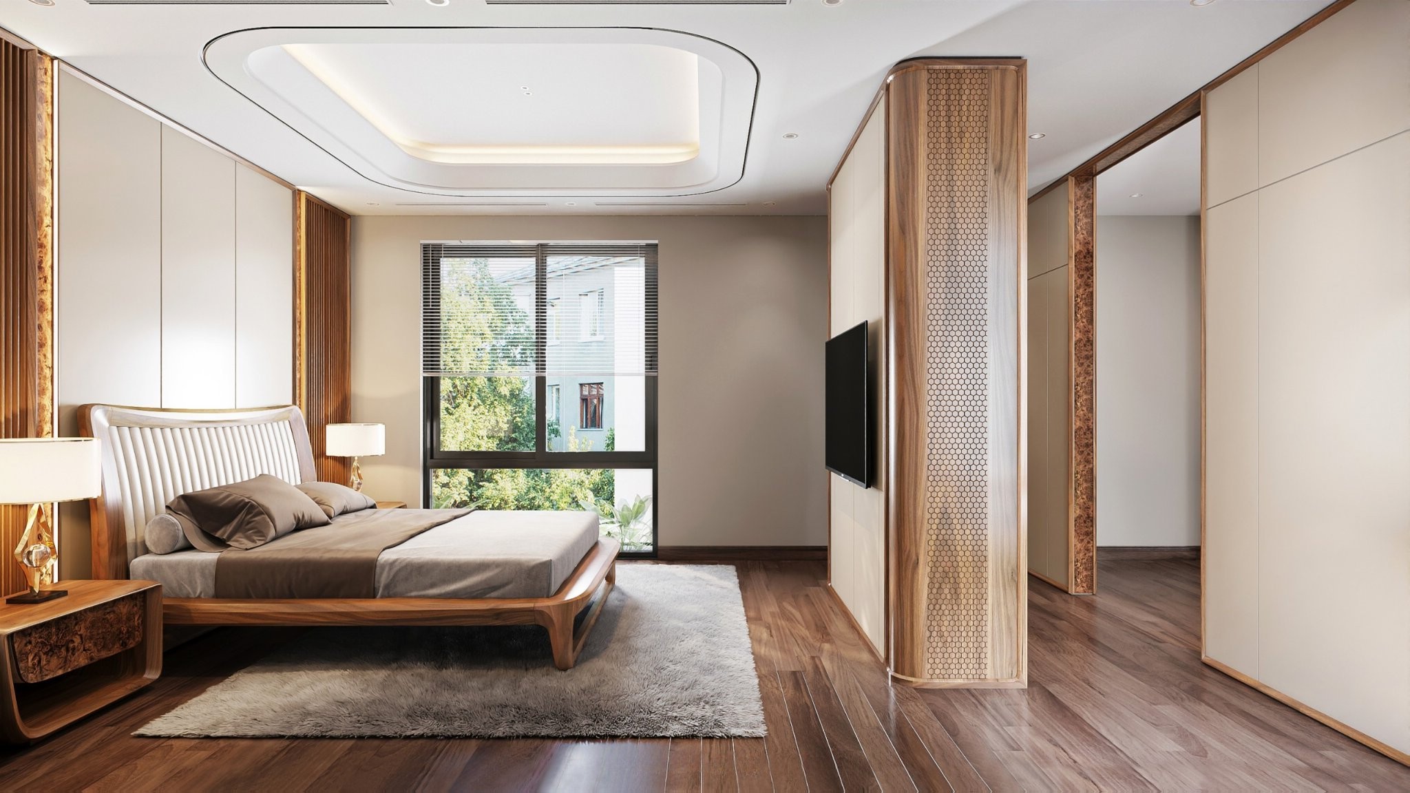 Thiết kế phòng ngủ sang trọng với vách ngăn laminate trắng, giường dáng thanh và tab đầu giường ốp veneer nu Thiết kế phòng ngủ sang trọng với vách ngăn laminate trắng, giường dáng thanh và tab đầu giường ốp veneer nu