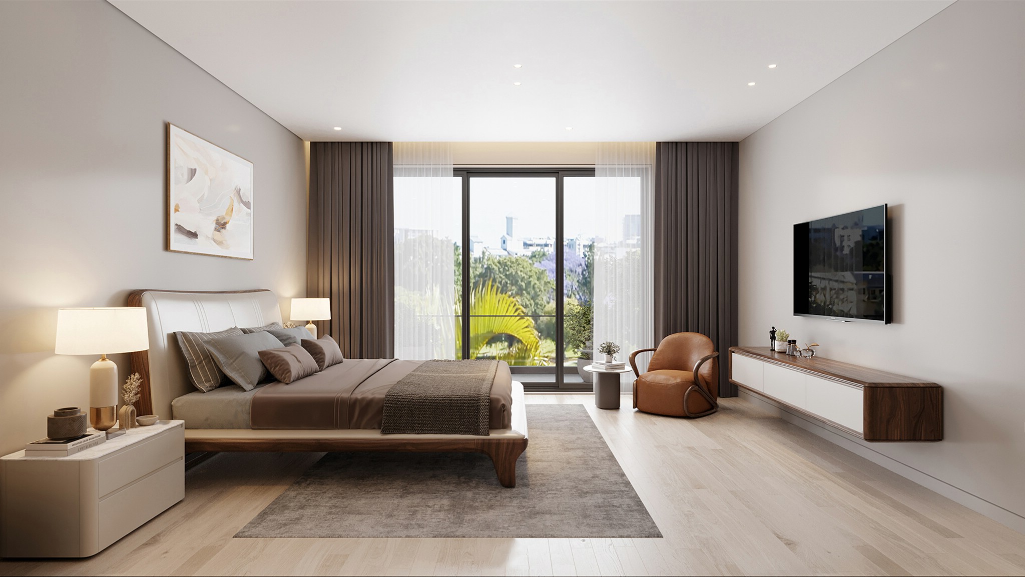 Thiết kế phòng ngủ độc đáo với giường gỗ tự nhiên và sofa cam đất