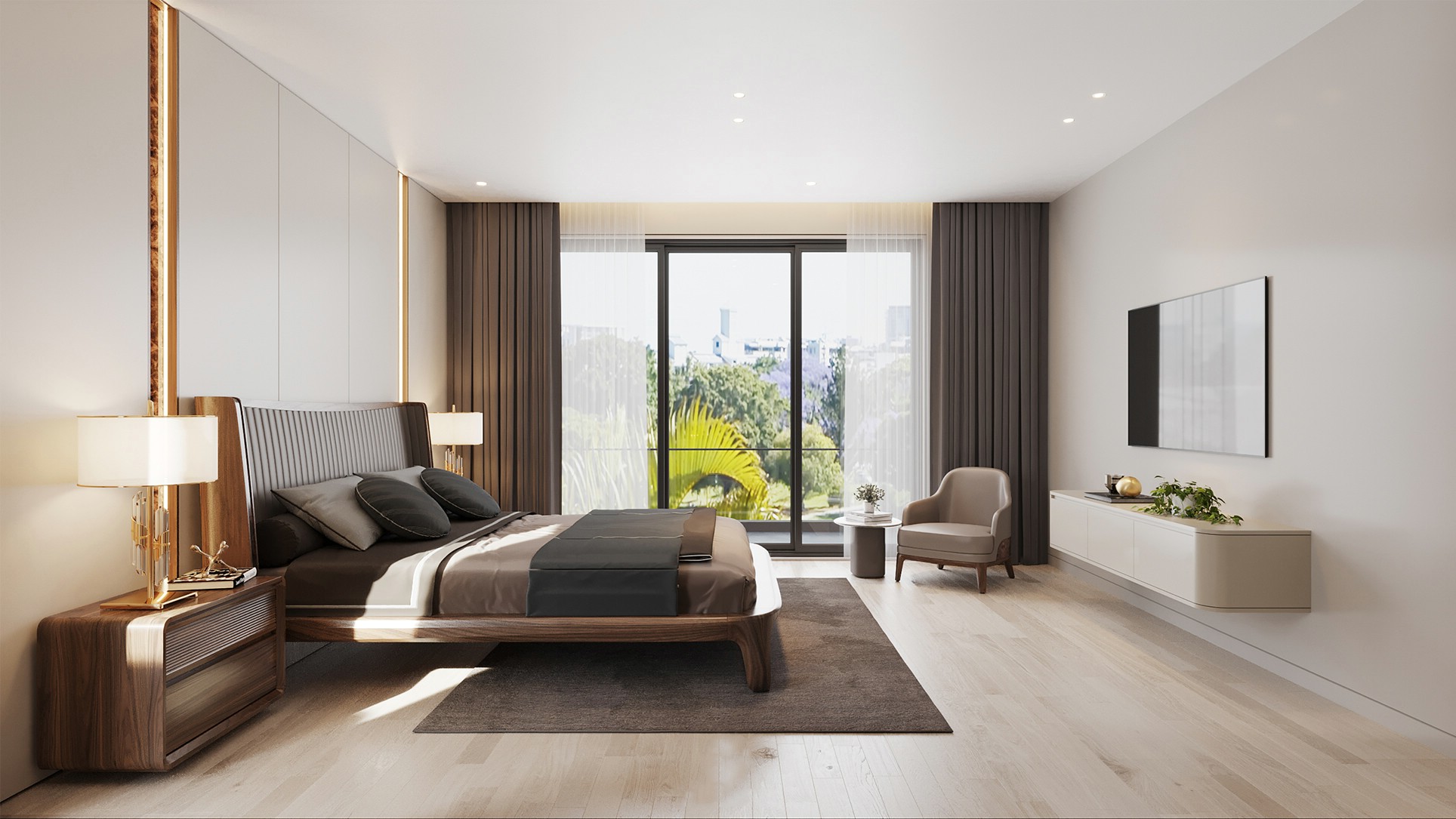 Thiết kế phòng ngủ đơn giản 20m2 với giường gỗ óc chó và cửa kính logia lớn Thiết kế phòng ngủ đơn giản 20m2 với giường gỗ óc chó và cửa kính logia lớn