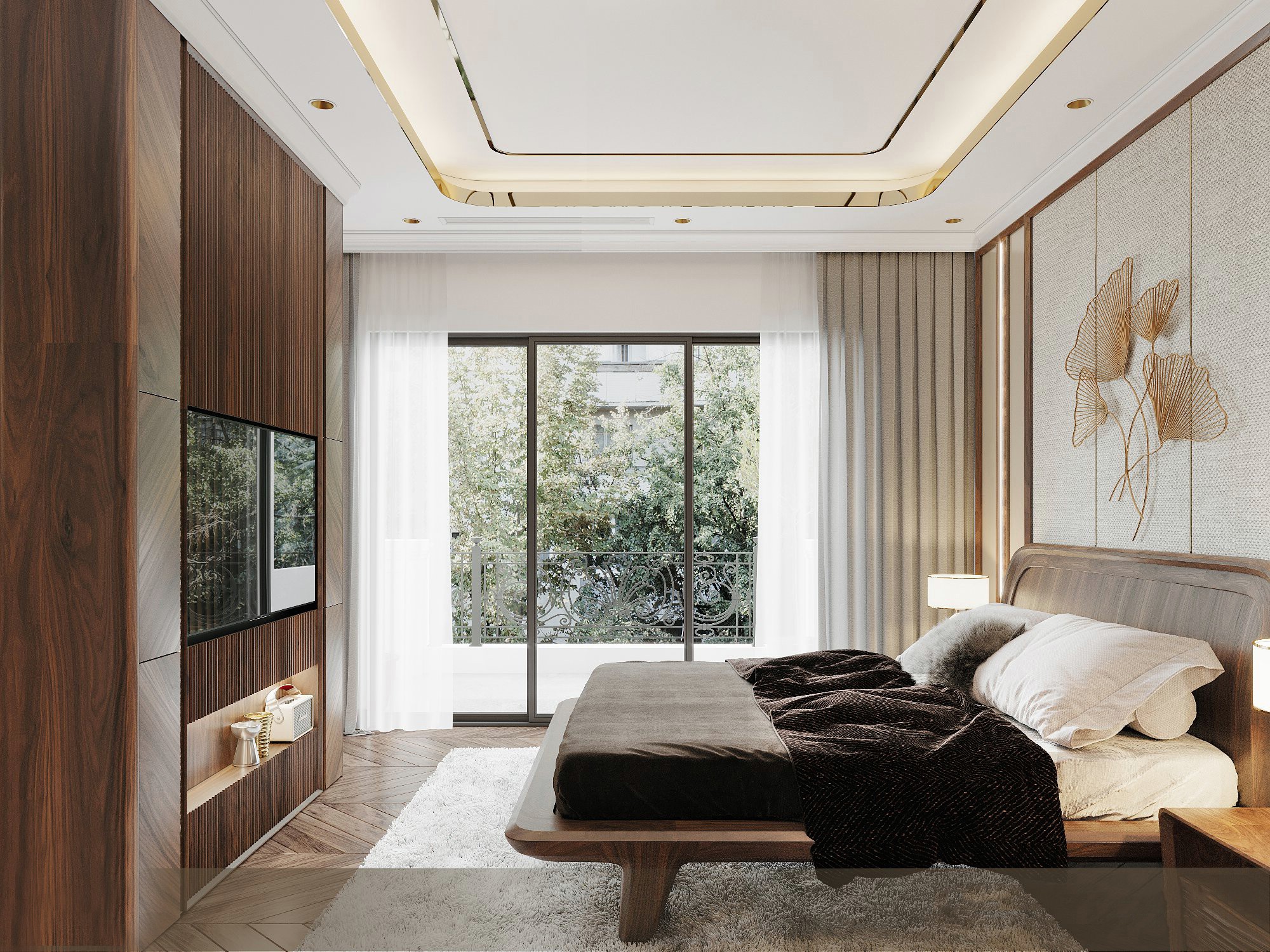 Thiết kế phòng ngủ giường bệt hiện đại với khung gỗ óc chó và kệ tivi treo tường ốp lam sóng Thiết kế phòng ngủ giường bệt hiện đại với khung gỗ óc chó và kệ tivi treo tường ốp lam sóng