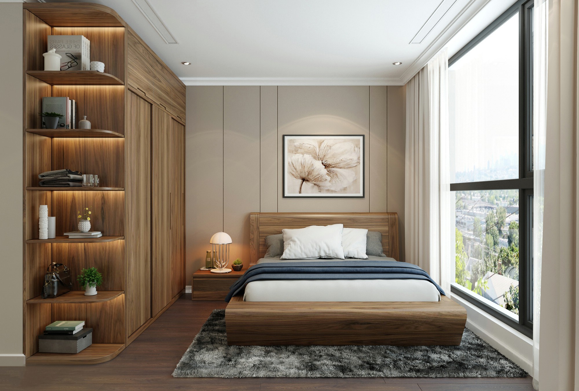 Mẫu thiết kế phòng ngủ gỗ tự nhiên với giường bệt và tủ áo chữ I