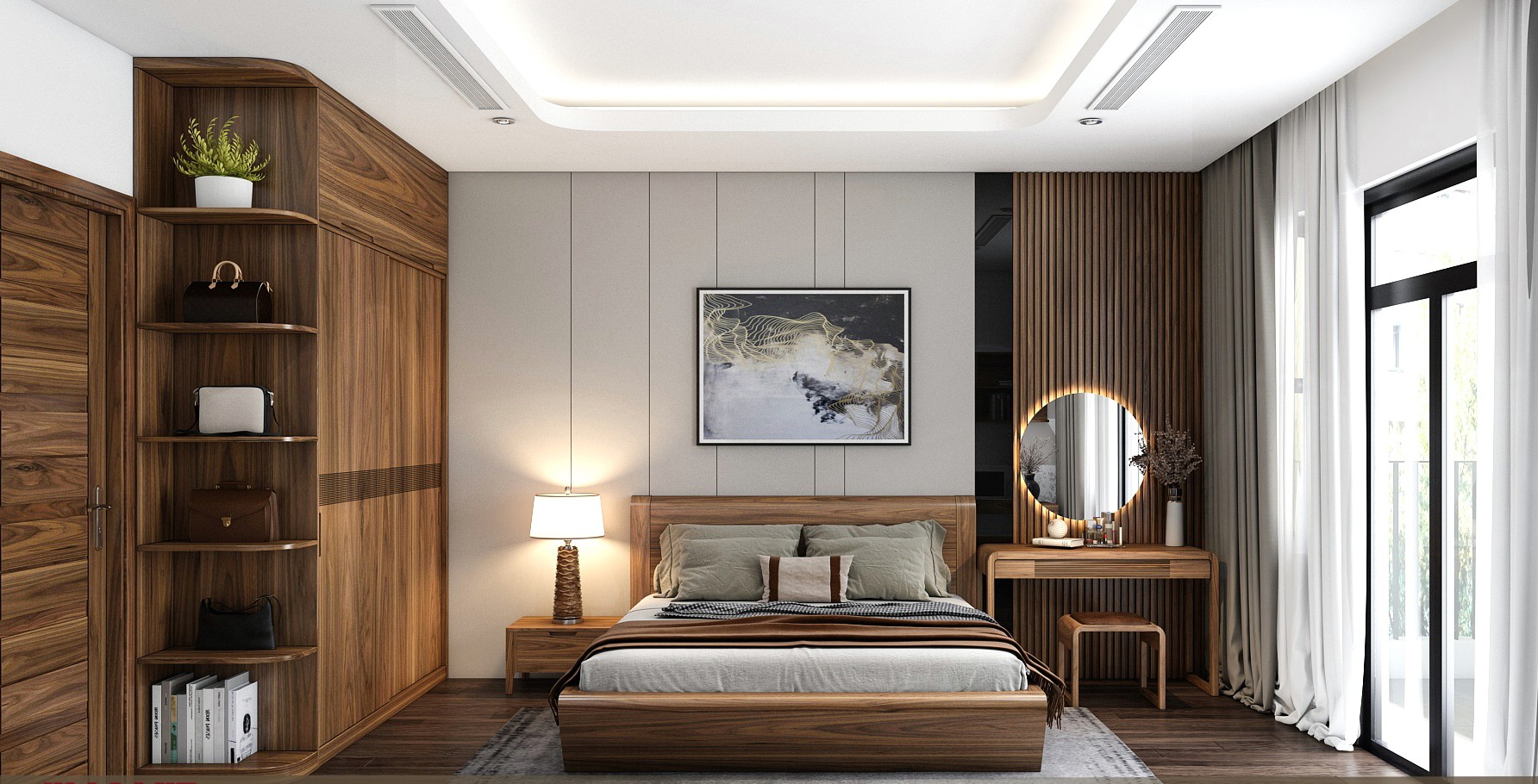 Mẫu thiết kế phòng ngủ gỗ óc chó tự nhiên hiện đại và tinh tế Thiết kế phòng ngủ gỗ óc chó tự nhiên với giường hình hộp, tường ốp lam sóng và bàn trang điểm gương tròn