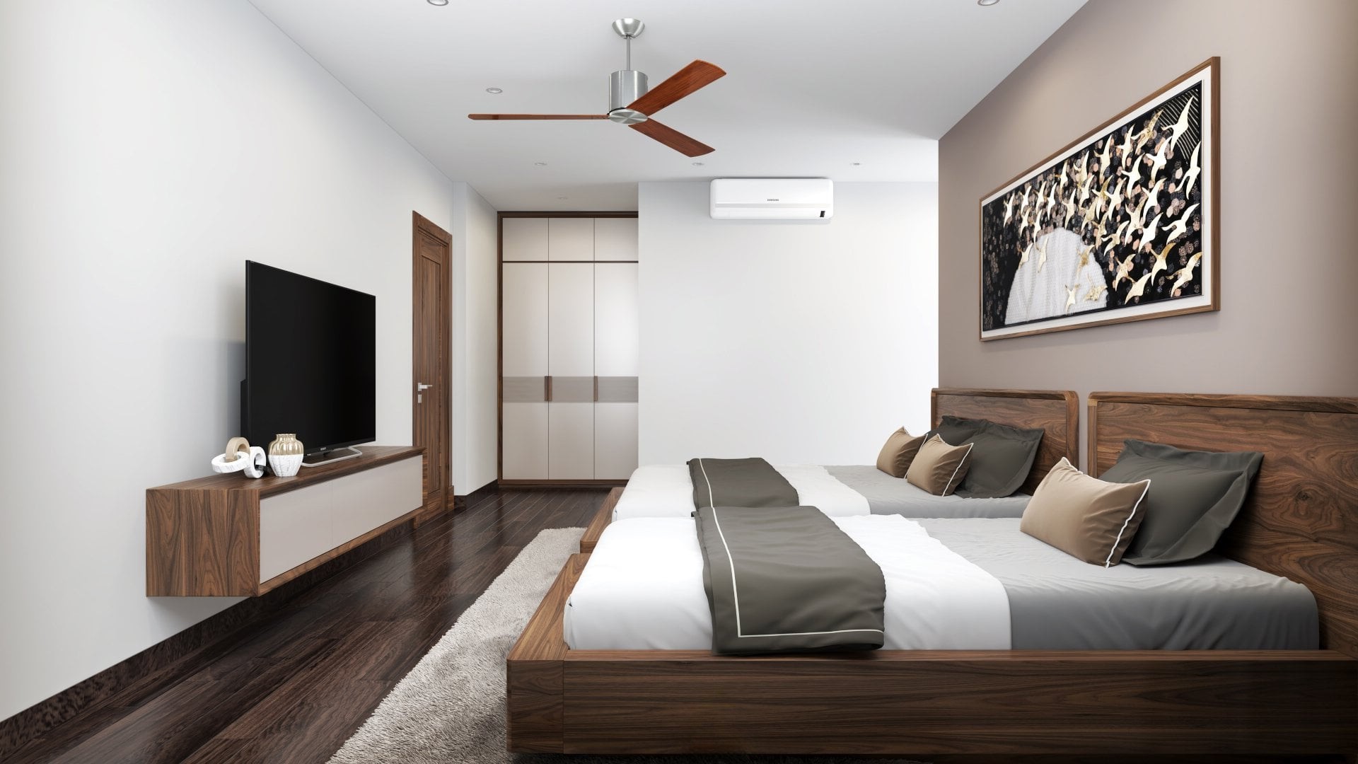 Thiết kế phòng ngủ hai giường hiện đại với nội thất gỗ óc chó và tủ âm tường acrylic trắng Thiết kế phòng ngủ hai giường hiện đại với nội thất gỗ óc chó và tủ âm tường acrylic trắng