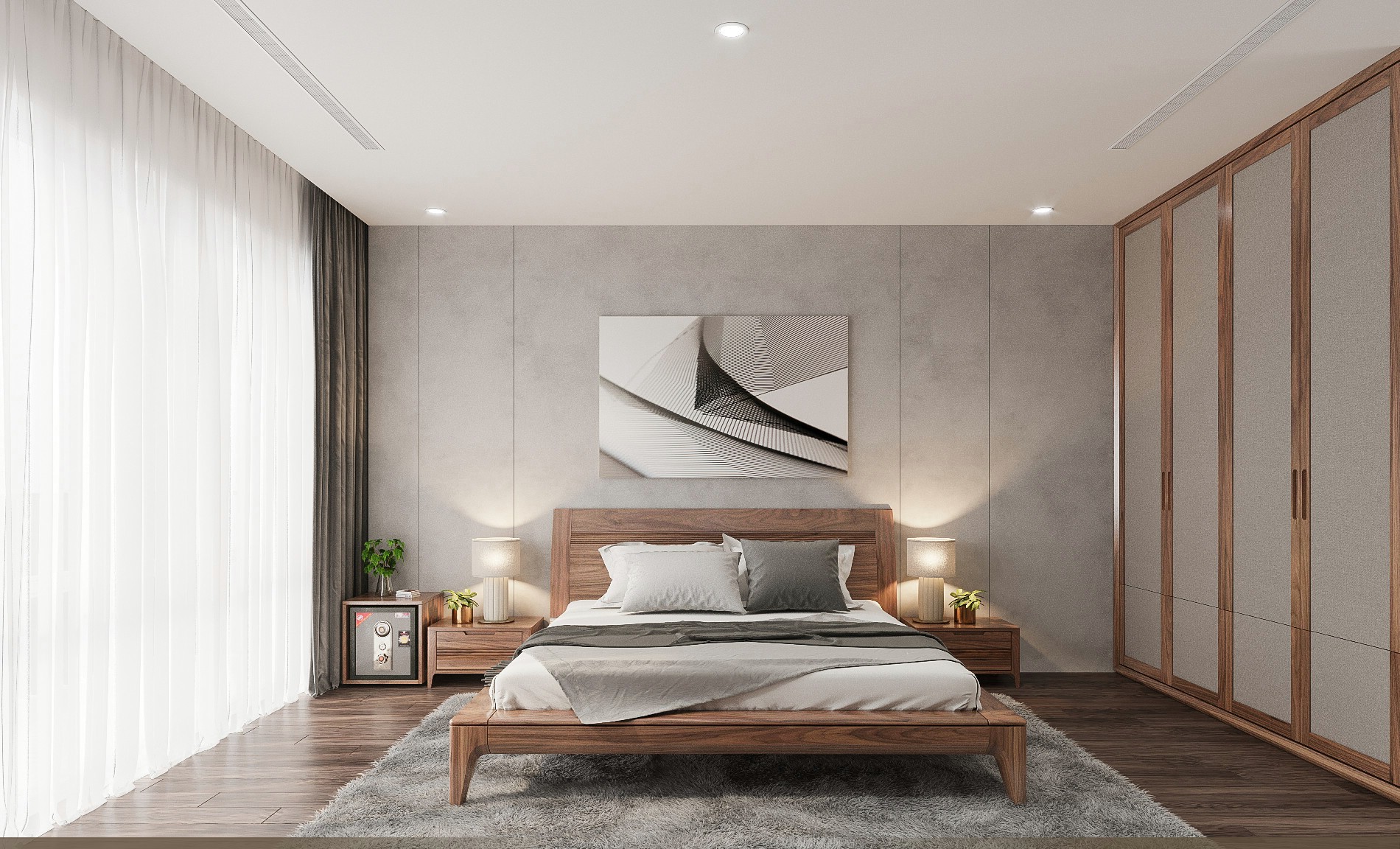 Thiết kế phòng ngủ hiện đại đơn giản với tường màu xi măng và nội thất gỗ tự nhiên Thiết kế phòng ngủ hiện đại đơn giản với tường màu xi măng và nội thất gỗ tự nhiên