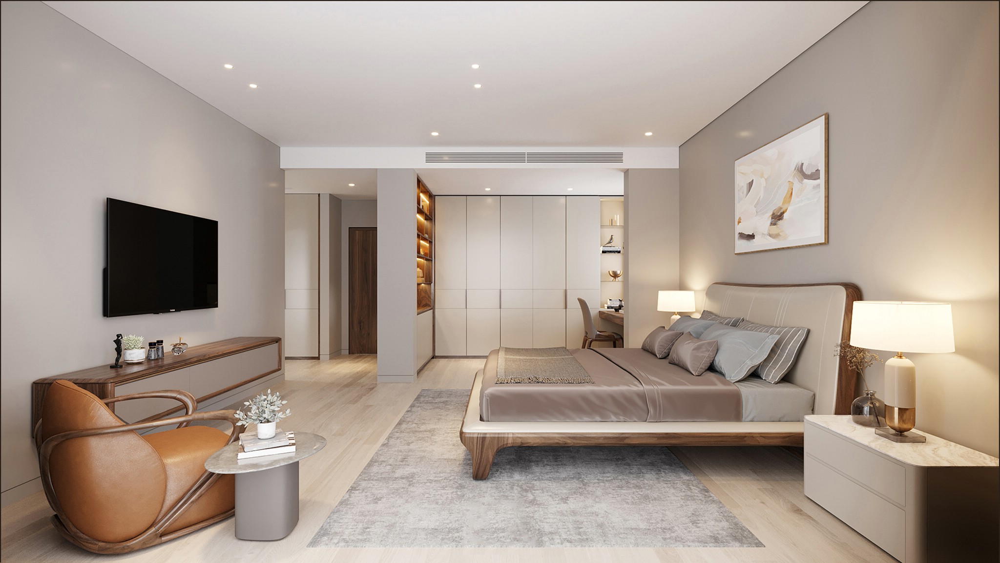 Thiết kế phòng ngủ hiện đại sang trọng với giường da be và tủ áo acrylic trắng Thiết kế phòng ngủ hiện đại sang trọng với giường da be và tủ áo acrylic trắng