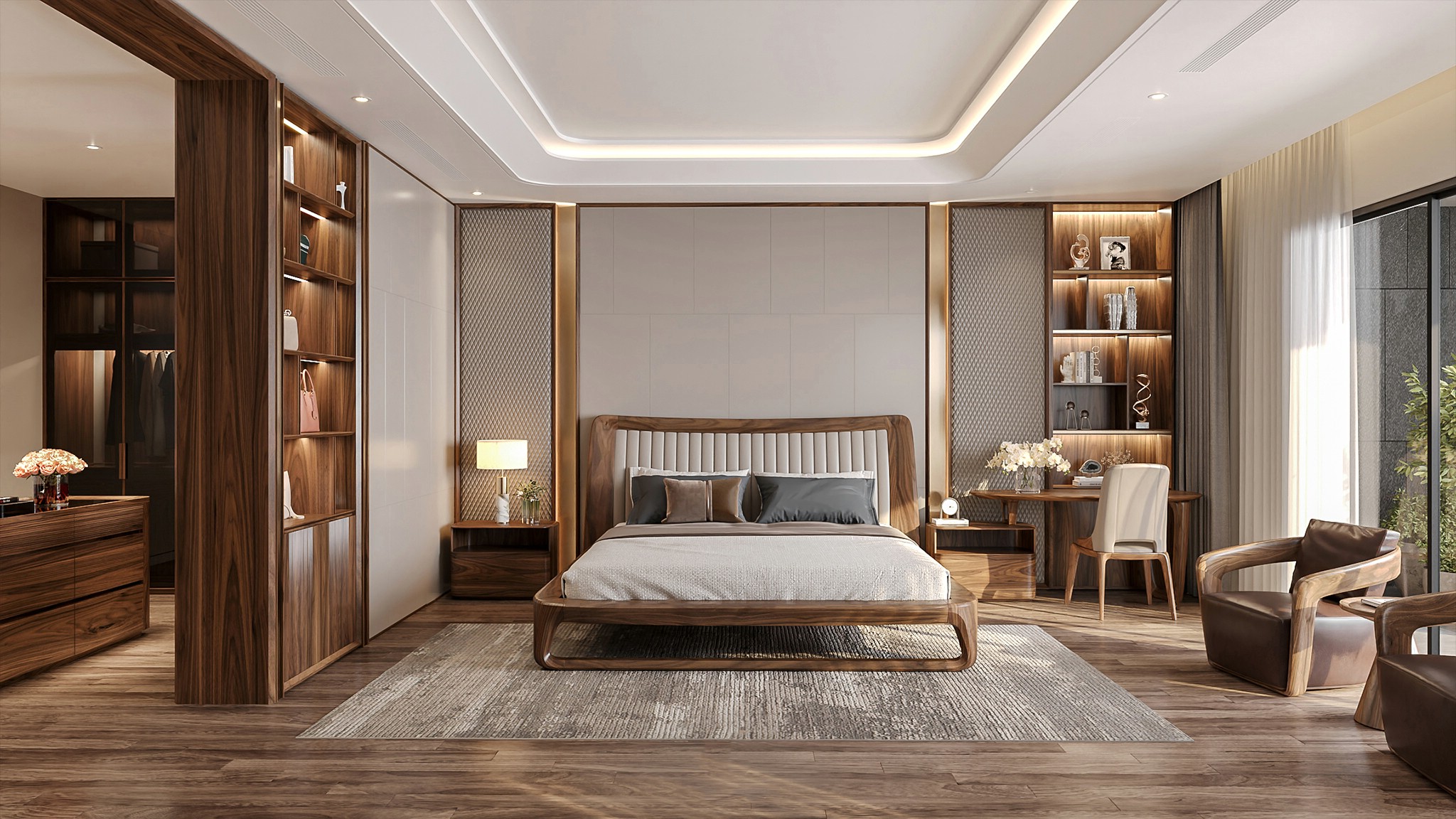 Thiết kế phòng ngủ hiện đại với tone màu nâu ghi, giường bọc nỉ trần bông và tủ kính âm tường Thiết kế phòng ngủ hiện đại với tone màu nâu ghi, giường bọc nỉ trần bông và tủ kính âm tường