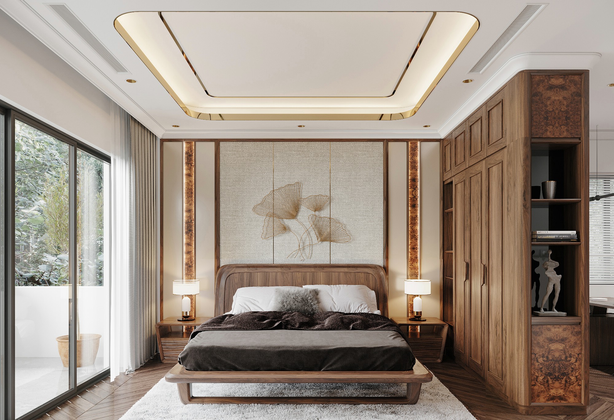 Thiết kế phòng ngủ hợp phong thủy với giường gỗ giữa phòng và tủ chữ I cân đối Thiết kế phòng ngủ hợp phong thủy với giường gỗ giữa phòng và tủ chữ I cân đối