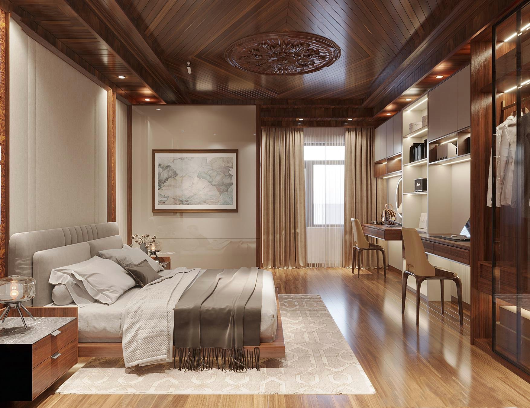 Phòng ngủ 30m² kiêm phòng làm việc – Giải pháp không gian thông minh Thiết kế phòng ngủ kiêm phòng làm việc hiện đại với giường bệt và bàn làm việc treo tường