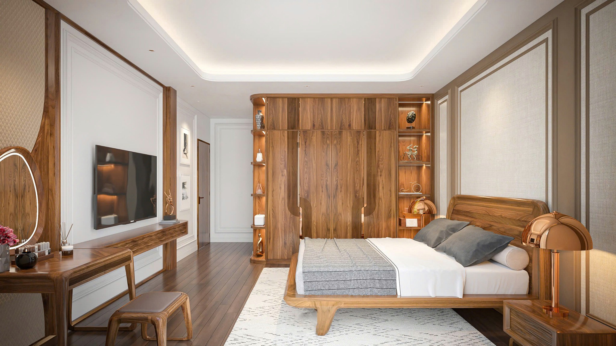 Thiết kế phòng ngủ master đẹp với giường gỗ sồi và tủ quần áo CNC kịch trần Thiết kế phòng ngủ master đẹp với giường gỗ sồi và tủ quần áo CNC kịch trần