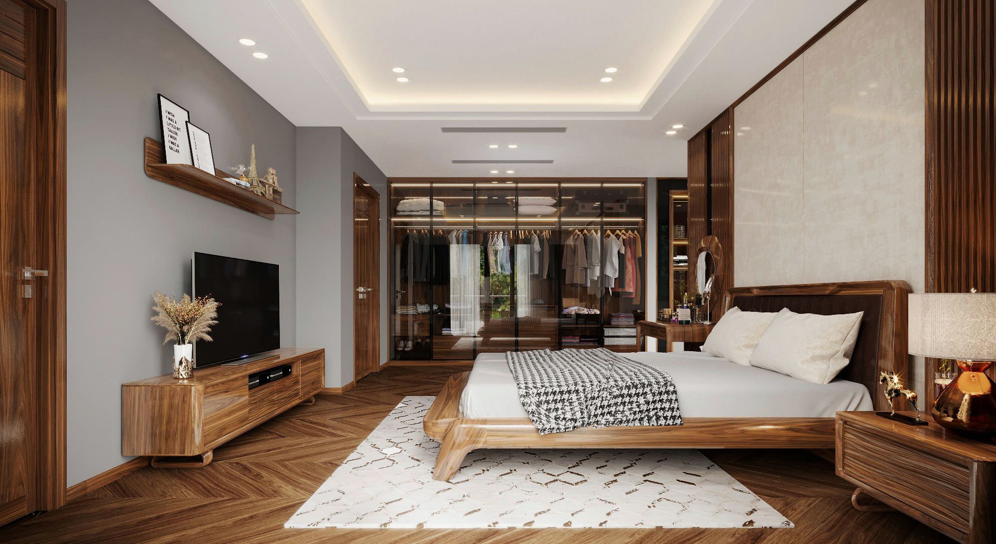 Thiết kế phòng ngủ nhà ống đẹp với giường gỗ, tủ quần áo kính và kệ tivi gỗ hiện đại Thiết kế phòng ngủ nhà ống đẹp với giường gỗ, tủ quần áo kính và kệ tivi gỗ hiện đại