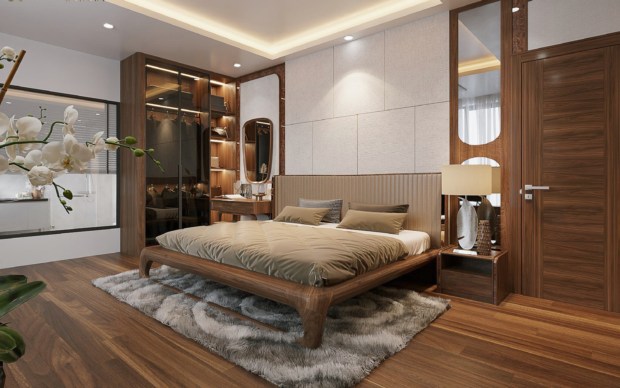 Thiết kế phòng ngủ tối giản với giường gỗ óc chó, tủ quần áo kính cao kịch trần và bàn trang điểm gỗ nhỏ gọn Thiết kế phòng ngủ tối giản với giường gỗ óc chó, tủ quần áo kính cao kịch trần và bàn trang điểm gỗ nhỏ gọn