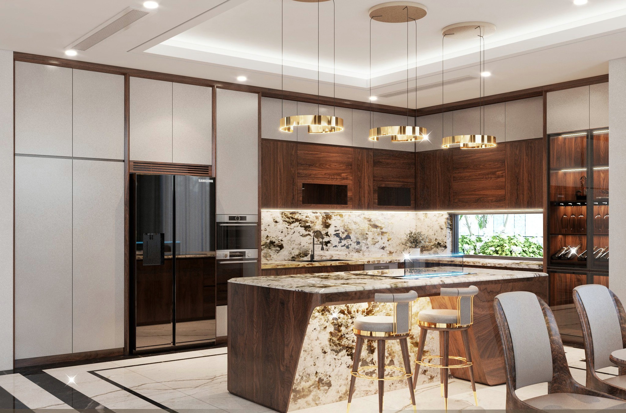 Thiết kế tủ bếp chữ L cao kịch trần với cánh acrylic và laminate kết hợp bàn bar ốp đá trắng vân loang đen Thiết kế tủ bếp chữ L cao kịch trần với cánh acrylic và laminate kết hợp bàn bar ốp đá trắng vân loang đen