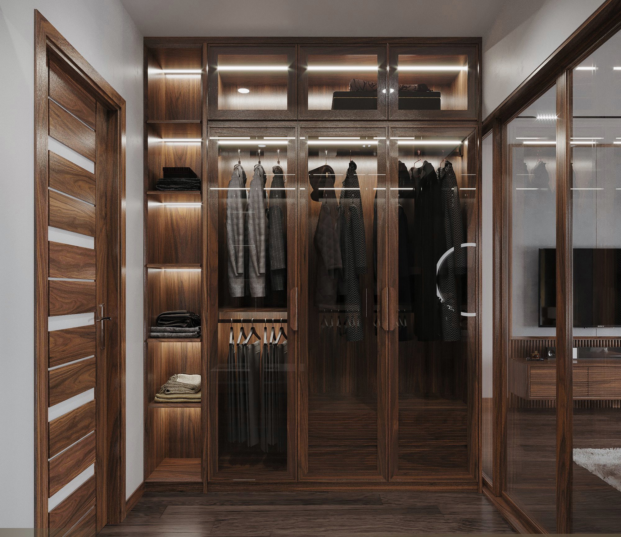 Thiết kế tủ quần áo âm tường chữ I cao kịch trần hiện đại Thiết kế tủ quần áo âm tường chữ I cao kịch trần hiện đại