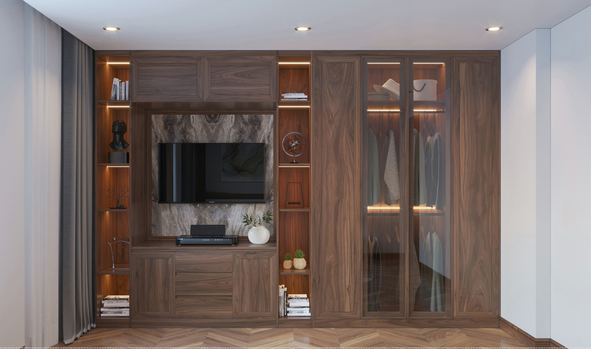 Thiết kế tủ quần áo cho phòng ngủ nhỏ kết hợp kệ tivi veneer gỗ óc chó Thiết kế tủ quần áo cho phòng ngủ nhỏ kết hợp kệ tivi veneer gỗ óc chó