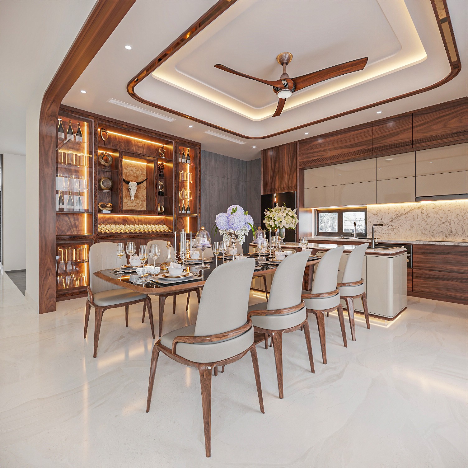 Thiết kế tủ rượu âm tường bằng gỗ tự nhiên nâu đậm, cao kịch trần, viền veneer nu, kệ đa ô trung tâm, hai bên cánh kính 7 tầng và đèn led âm tủ Thiết kế tủ rượu âm tường bằng gỗ tự nhiên nâu đậm, cao kịch trần, viền veneer nu, kệ đa ô trung tâm, hai bên cánh kính 7 tầng và đèn led âm tủ