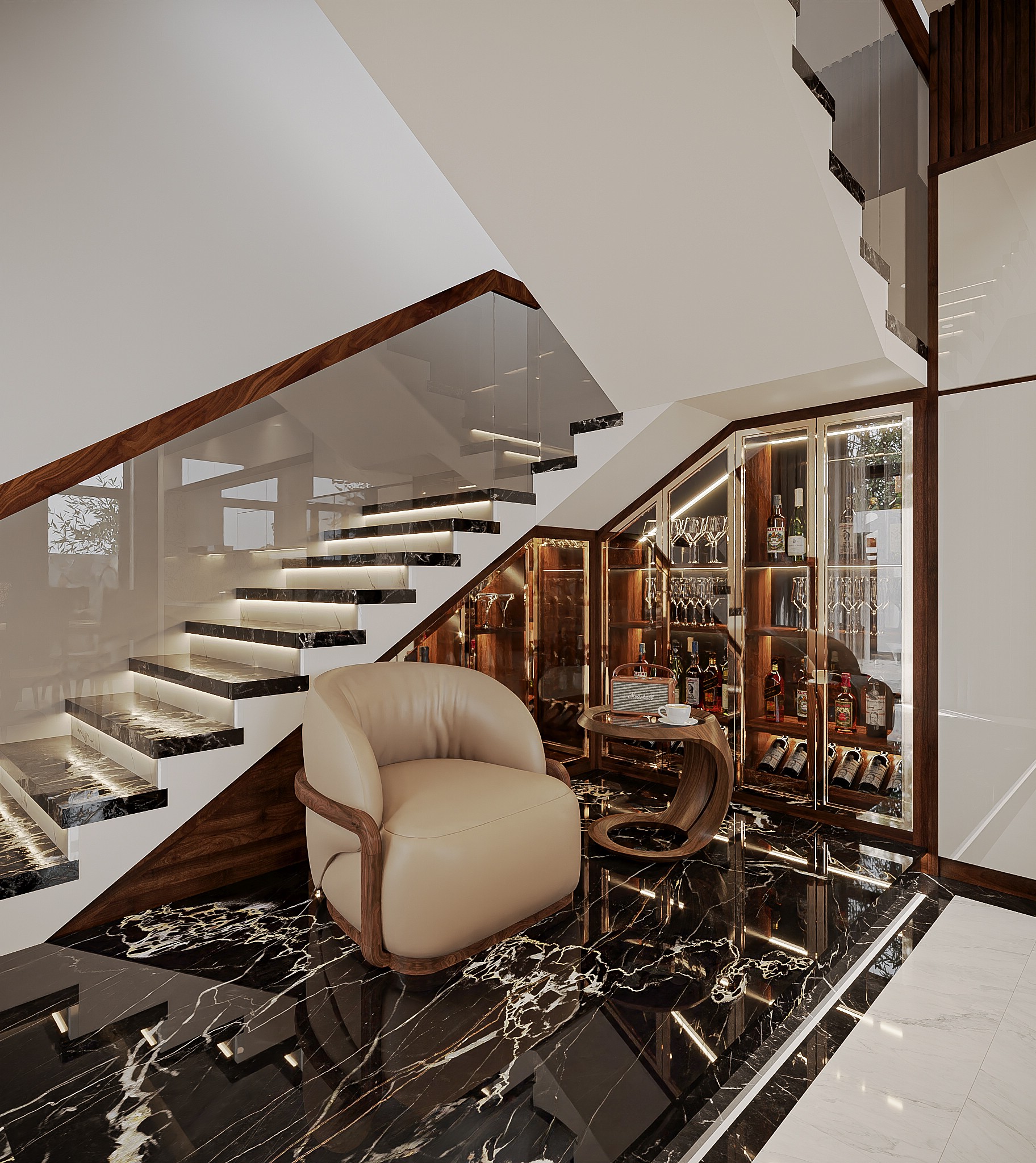 Thiết kế tủ rượu dưới gầm cầu thang tận dụng tối đa khu vực thường bị bỏ trống.