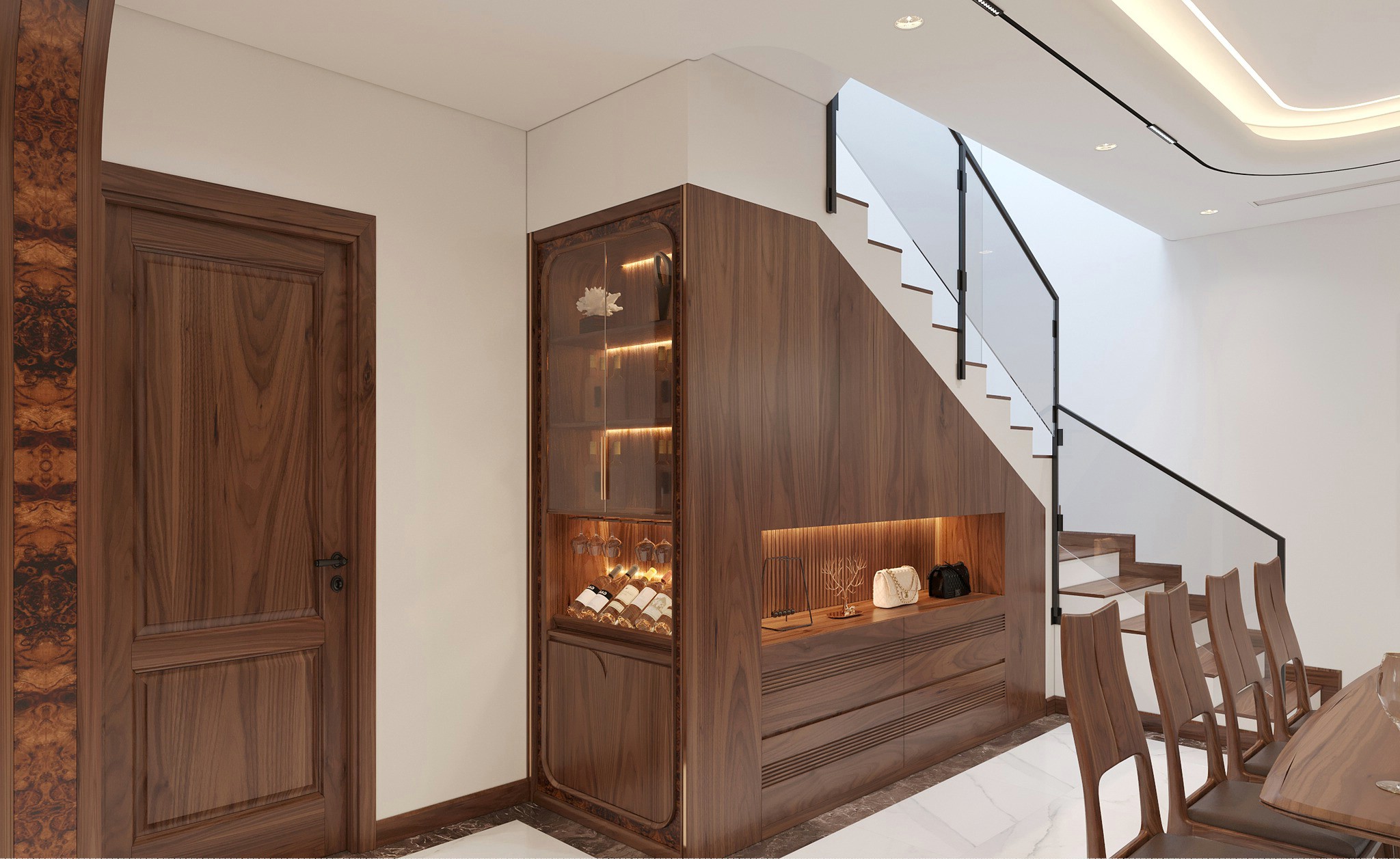 Tủ rượu gầm cầu thang chữ I cao kịch trần gỗ óc chó cánh kính